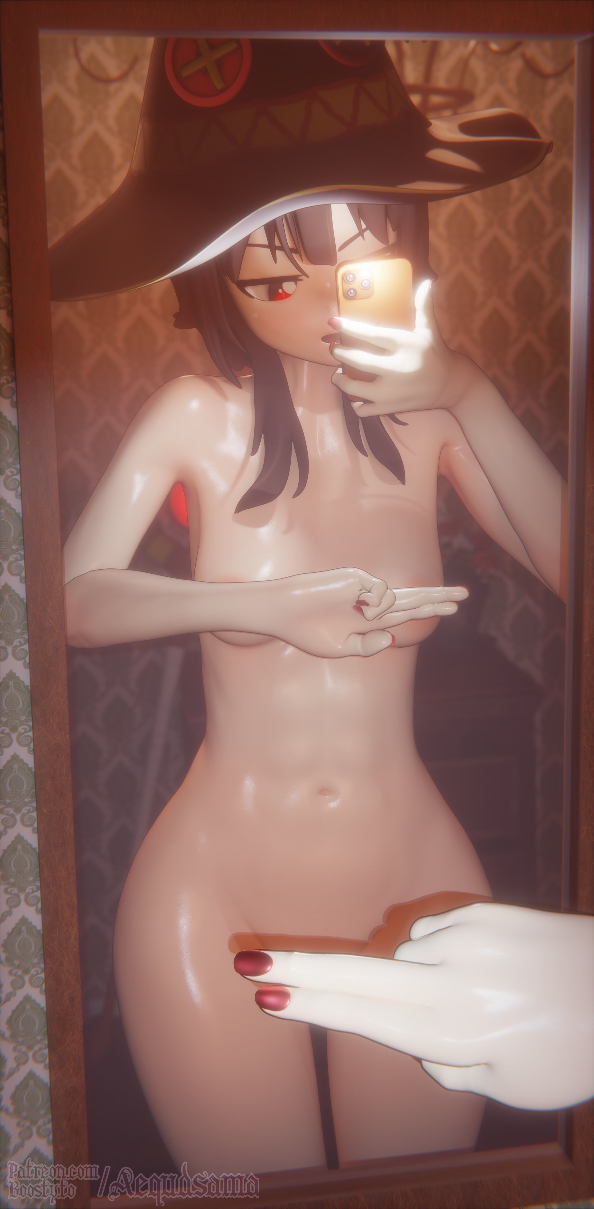 1girls, aequd, aequdsama, breasts, brown hair, covering nipples, covering pussy, female, female only, kono subarashii sekai ni shukufuku wo!, konosuba, light skin, light-skinned female, megumin, mirror, mirror reflection, mirror selfie, nude, nude female, one finger selfie challenge, pussy, red eyes, red nails, small breasts, solo, witch hat