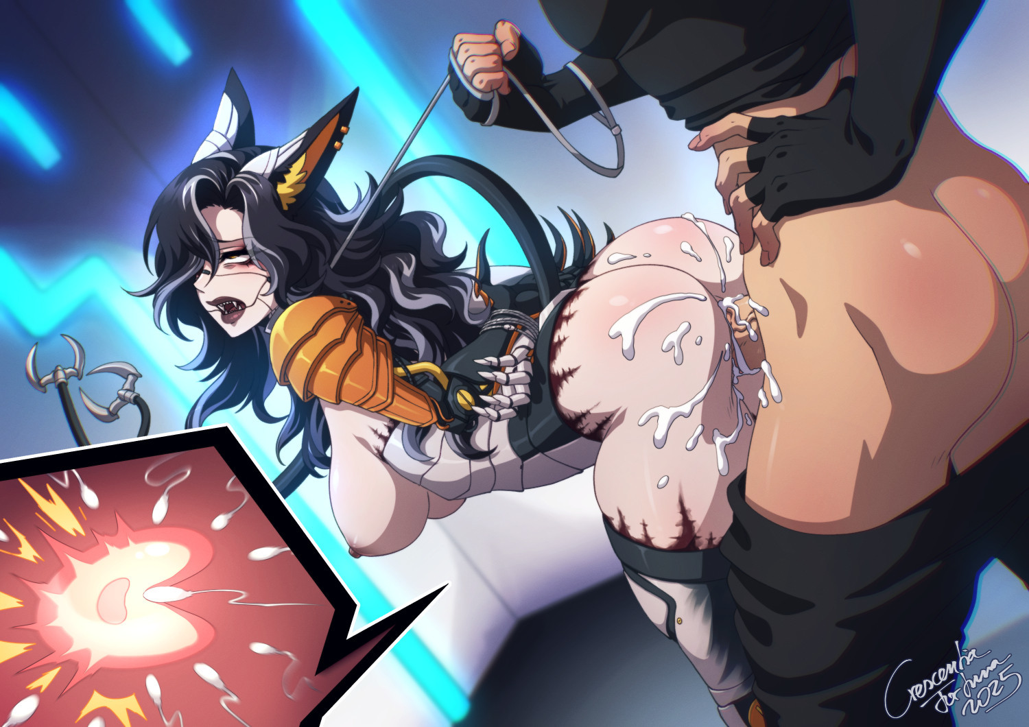 1boy, 1girls, 2025, animal ears, arms behind back, aroused, ass, big breasts, black and white hair, black hair, bondage, breasts, breeding, breeding slave, busty, busty female, captured, captured villainess, cat ears, cat girl, clothing, collar, creampied, crescentia, crescentia fortuna, cum, cum in pussy, cum inside, cum on body, cumshot, curvaceous, curvaceous female, curvaceous figure, curvy, curvy body, curvy female, curvy figure, cyborg, cyborg girl, defeated, defeated villainess, doc vivi leandra, doggy style, dominant male, faceless male, fangs, female, female focus, female penetrated, femsub, from behind, from behind position, fucked silly, hair over eye, hair over one eye, horny, horny female, huge breasts, impregnation, indie virtual youtuber, indie vtuber, insertion, leash, leash and collar, leash pull, leashed collar, light skin, light-skinned female, light-skinned male, long hair, long-haired female, looking pleasured, mad scientist, male, male penetrating, male penetrating female, male/female, maledom, mind break, moaning, moaning in pleasure, nakadashi, nayuru, nipples, nude, nude female, nude female clothed male, open mouth, ovum, ovum deformation, penetration, penetration from behind, penis, penis in pussy, pussy, restrained, restrained arms, restraints, scar, scars, scars all over, scientist, semen, semen on body, sex, sharp claws, sharp fingernails, sharp teeth, slim waist, sperm cell, spread legs, straight, straight sex, submissive female, tail, teeth, teeth showing, thick ass, thick hips, thick legs, thick thighs, thighs, tied arms, tied hands, tied up, unseen male face, vagina, vaginal penetration, vaginal sex, virtual youtuber, vtuber, wide hips, x-ray, yellow eyes