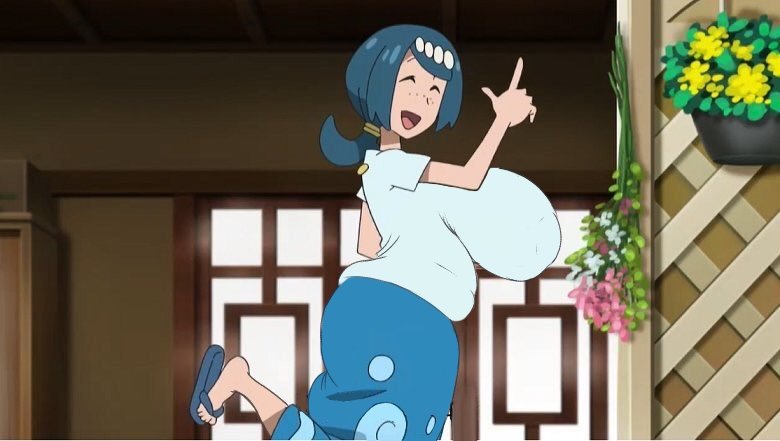 1girls, 2d, alternate breast size, ass, belly, big ass, big breasts, breasts, closed eyes smile, clothing, edit, feet, female, female focus, female only, footwear, huge breasts, human, human female, human only, lana's mother (pokemon), light skin, light-skinned female, nintendo, pokemon, pokemon (anime), sandals, secca (artist), solo, solo female, third-party edit, twitter link, unrealistic proportions