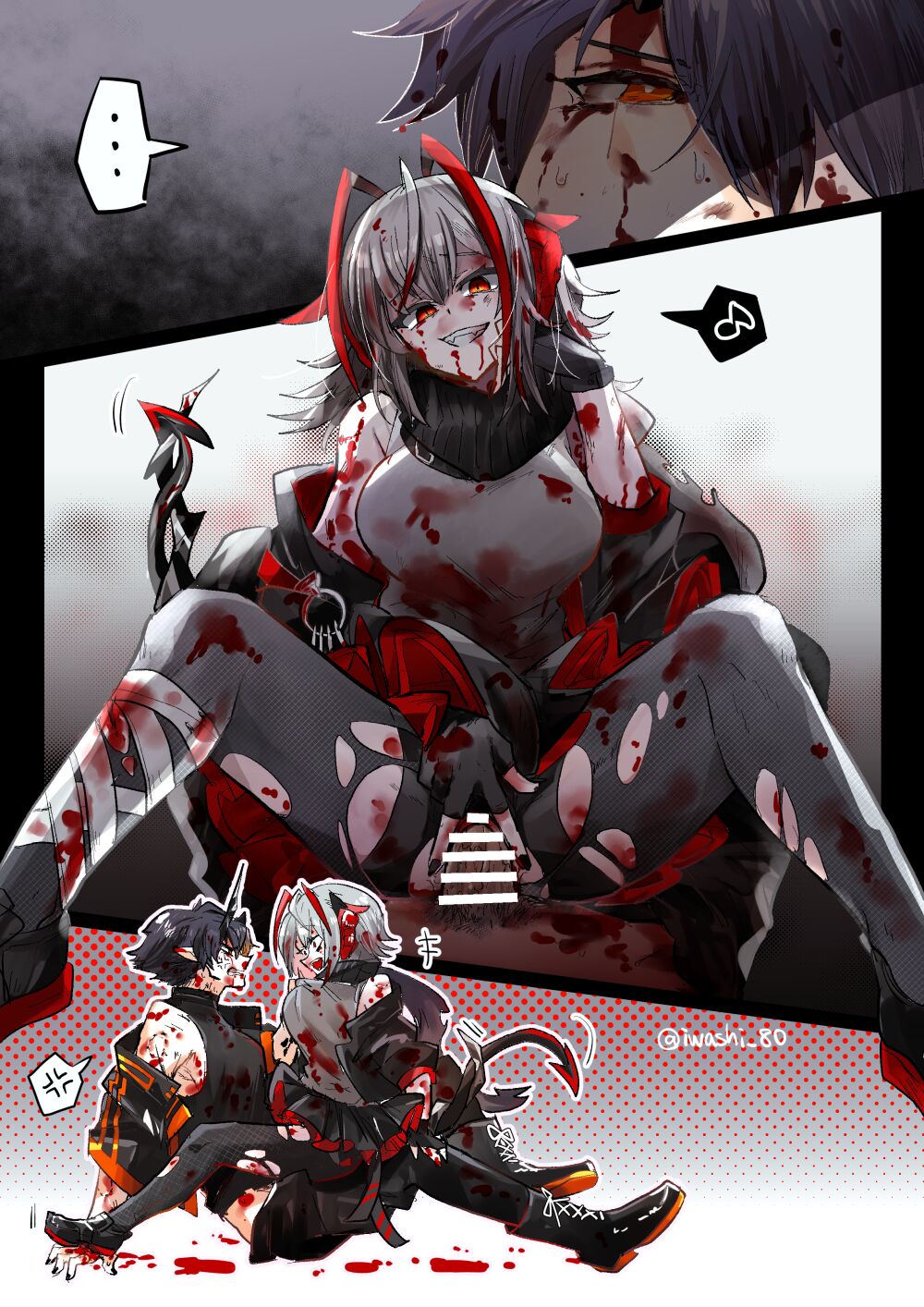 ... 1boy 1girls angry arknights bandages bite_mark black_hair blood blood_on_arm blood_on_face blood_on_leg breasts censored censored_penis duo female flamebringer_(arknights) horns intertwined_tails iwashi_80 large_breasts male musical_note red_eyes sex shirt_grab straight torn_clothes torn_pantyhose vaginal_penetration violent_sex w_(arknights) white_hair