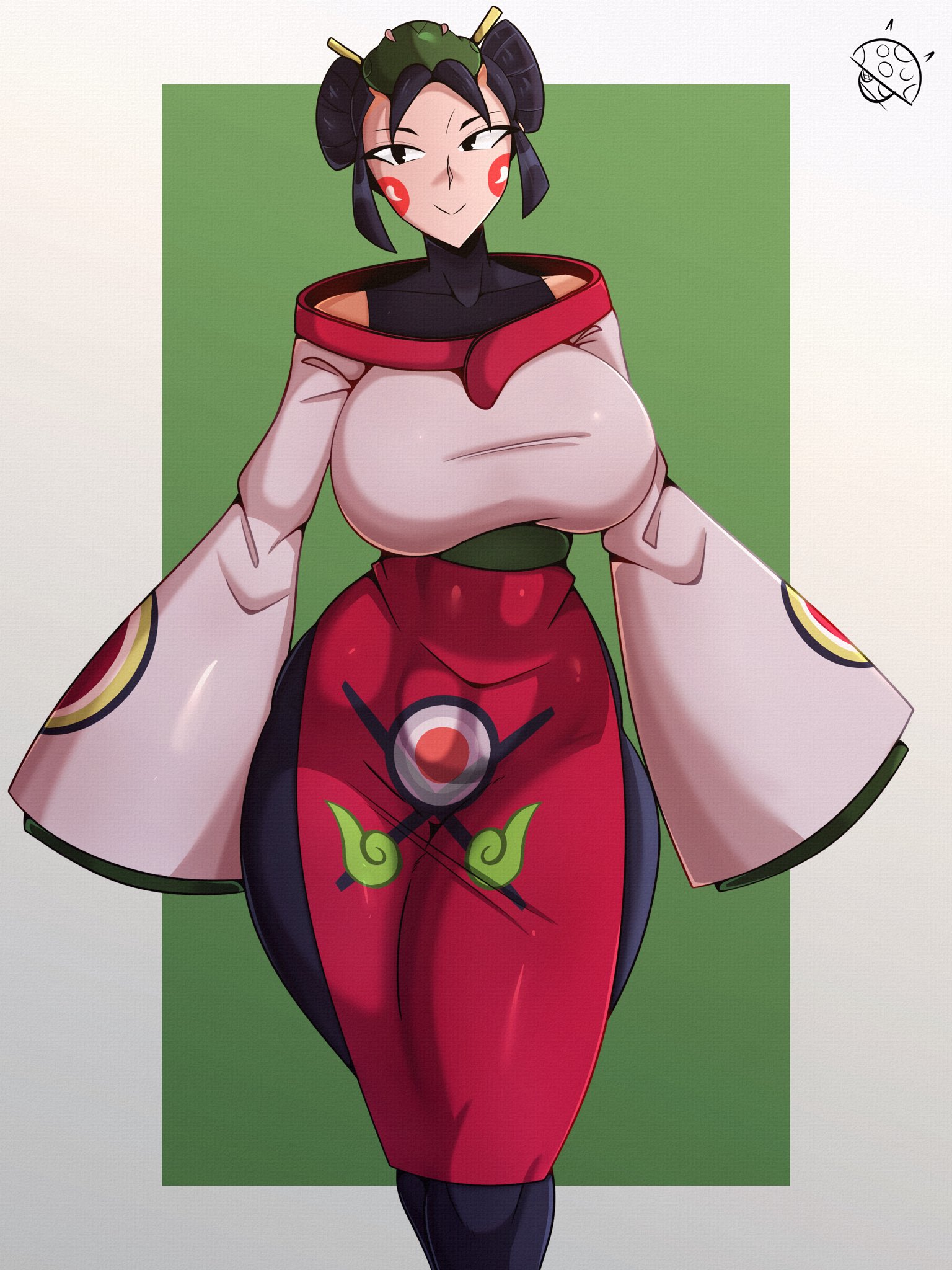 brawl stars, breasts, clothed, clothed female, clothing, dark hair, female, female only, geisha, kaze (brawl stars), large breasts, light skin, light-skinned female, looking at viewer, makeup, milf, skin tight, skin tight outfit, smile, solo, solo female, supercell, thick thighs, tr yithaz, voluptuous, voluptuous female, wide hips