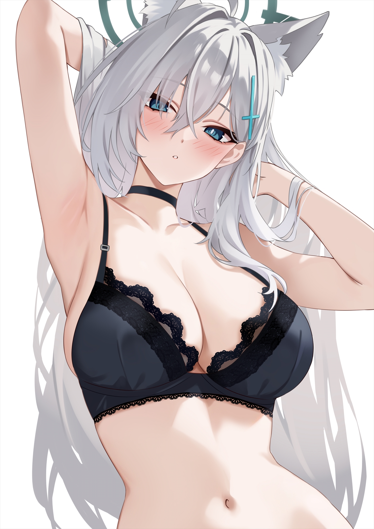 1girls, animal ear fluff, animal ears, armpits, bare shoulders, black bra, blue archive, blue eyes, blush, bra, breasts, choker, cleavage, collarbone, commentary, cross hair ornament, female, grey hair, hair ornament, halo, hi res, kemonomimi, large breasts, long hair, looking at viewer, marisasu (marisa0904), multi ear, navel, presenting armpit, shiroko (blue archive), shiroko (terror) (blue archive), sidelocks, solo, stomach, underwear, underwear only, wolf ears