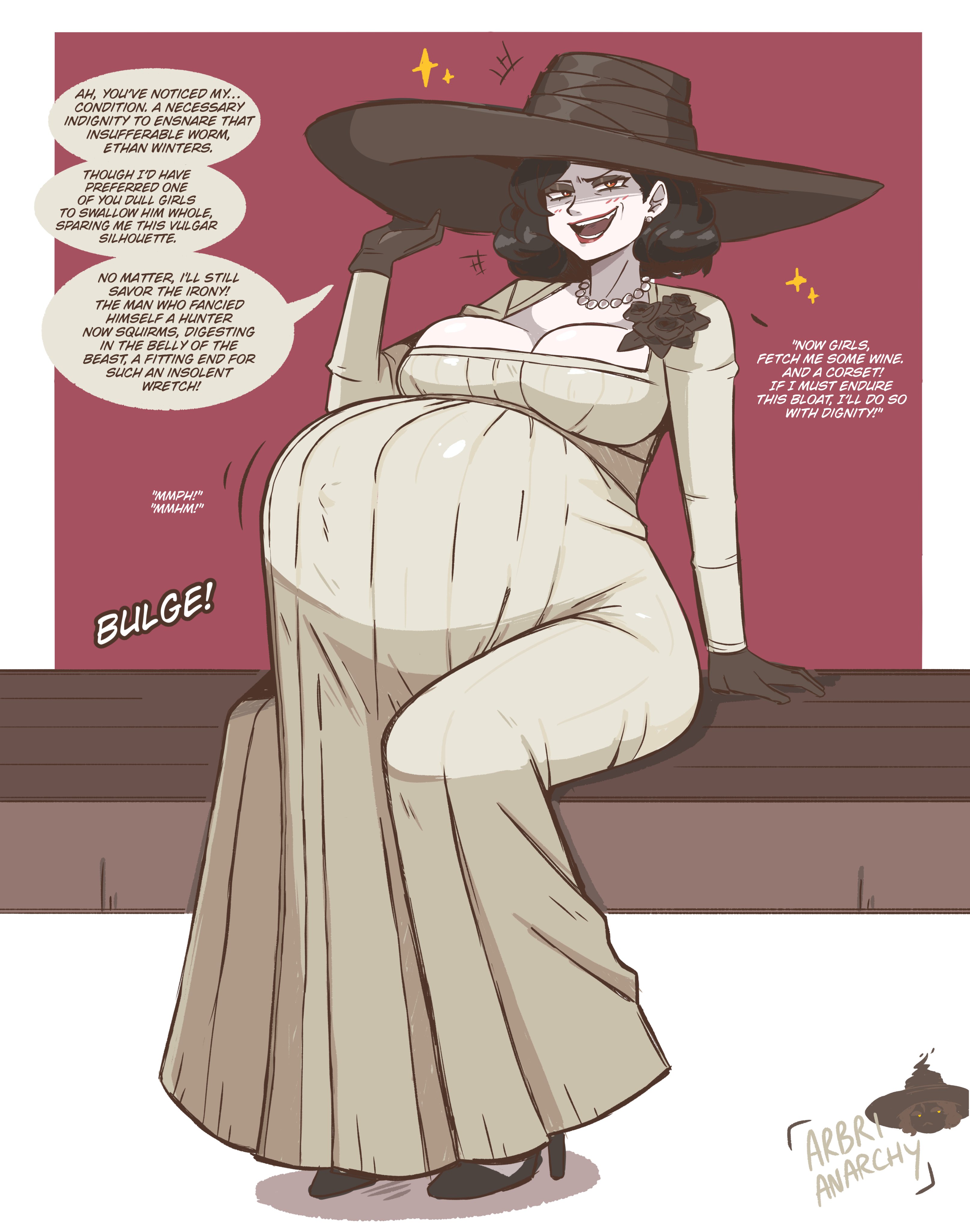 alcina dimitrescu, alternative version, arbrianarchy, bad end, bad ending, english text, female, milf, resident evil, resident evil 8: village, sitting, vampire, vampire girl, vampire milf, villainess, villainess on hero, vore, vore belly