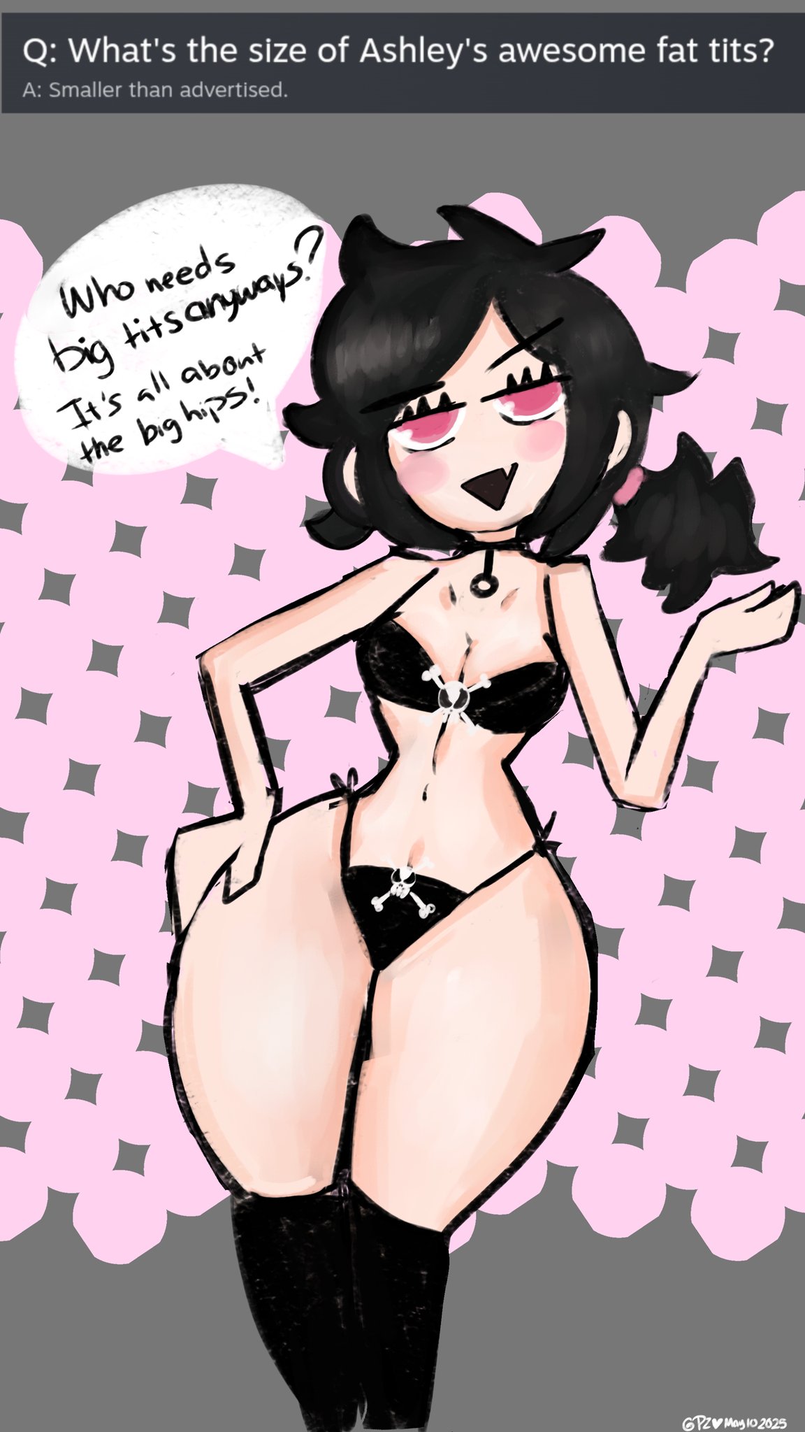 ashley graves, big hips, bikini, black hair, breasts, child bearing hips, curvy, female, pale skin, petite female, pink eyes, puddinpuddgi, small breasts, smug face, stylized, supersludge, text, the coffin of andy and leyley, thick thighs, toony, wide hips