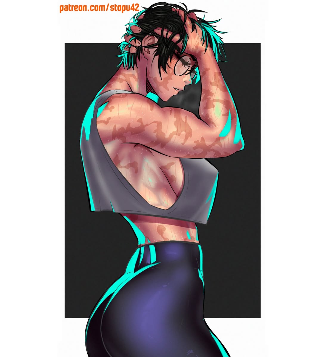 ass big_breasts crop_top glasses jujutsu_kaisen leggings muscular_female scar scars_all_over short_hair side_view sideboob stopu sweaty tagme tank_top toned zenin_maki
