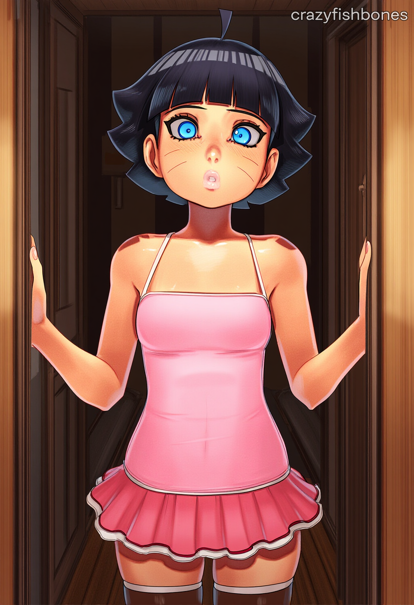 ai_generated black_hair blue_eyes blush crazyfishbones female looking_at_viewer short_hair skirt solo thighhighs uzumaki_himawari zettai_ryouiki
