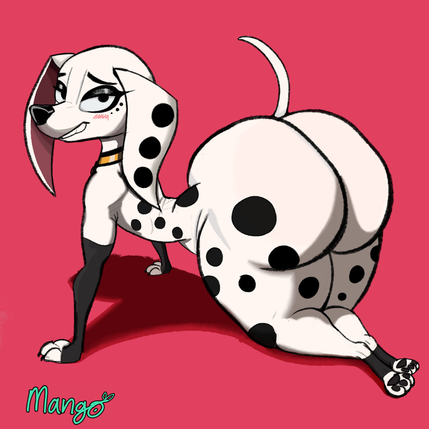 1:1, 101 dalmatian street, 101 dalmatians, 3 toes, absurd res, all fours, anthro, anthro female, anthro focus, anthro only, anthrofied, anthropomorphic, artist name, ass, ass bigger than head, ass focus, bedroom eyes, behind view, big ass, big ass (female), big butt, big butt (female), black body, black eyes, black fur, black nose, black pawpads, black spots, blush, butt focus, canid, canine, canis, claws, collar, collar only, colored, dalmatian, detailed, digital drawing (artwork), digital media (artwork), disney, dog collar, dolly (101 dalmatians), domestic canine, domestic dog, eyebrows, eyelashes, eyeshadow, fat ass, fat butt, feet, female, female anthro, female canine, female dog, female focus, female only, female solo, floppy ears, fur, hands and knees, hi res, high resolution, highres, hind legs, hindlegs, hindpaw, huge ass, huge ass (female), huge butt, large ass, large butt, large ears, looking at viewer, looking back, looking back at viewer, makeup, mammal, mangoiguess (artist), monochrome background, naked, naked anthro, naked female, narrowed eyes, nude, nude anthro, nude female, on hands and knees, pawpads, paws, pose, posing, posing for the viewer, raised tail, rear, rear view, seductive, seductive pose, simple background, smile, smiling, smiling at viewer, smirk, smirking, smirking at viewer, solo, solo anthro, solo female, solo focus, spots, spotted body, spotted fur, tail, tail raised, tease, teasing, teasing viewer, thick ass, thick butt, thick thighs, thighs, thin waist, toes, viewed from behind, white body, white fur