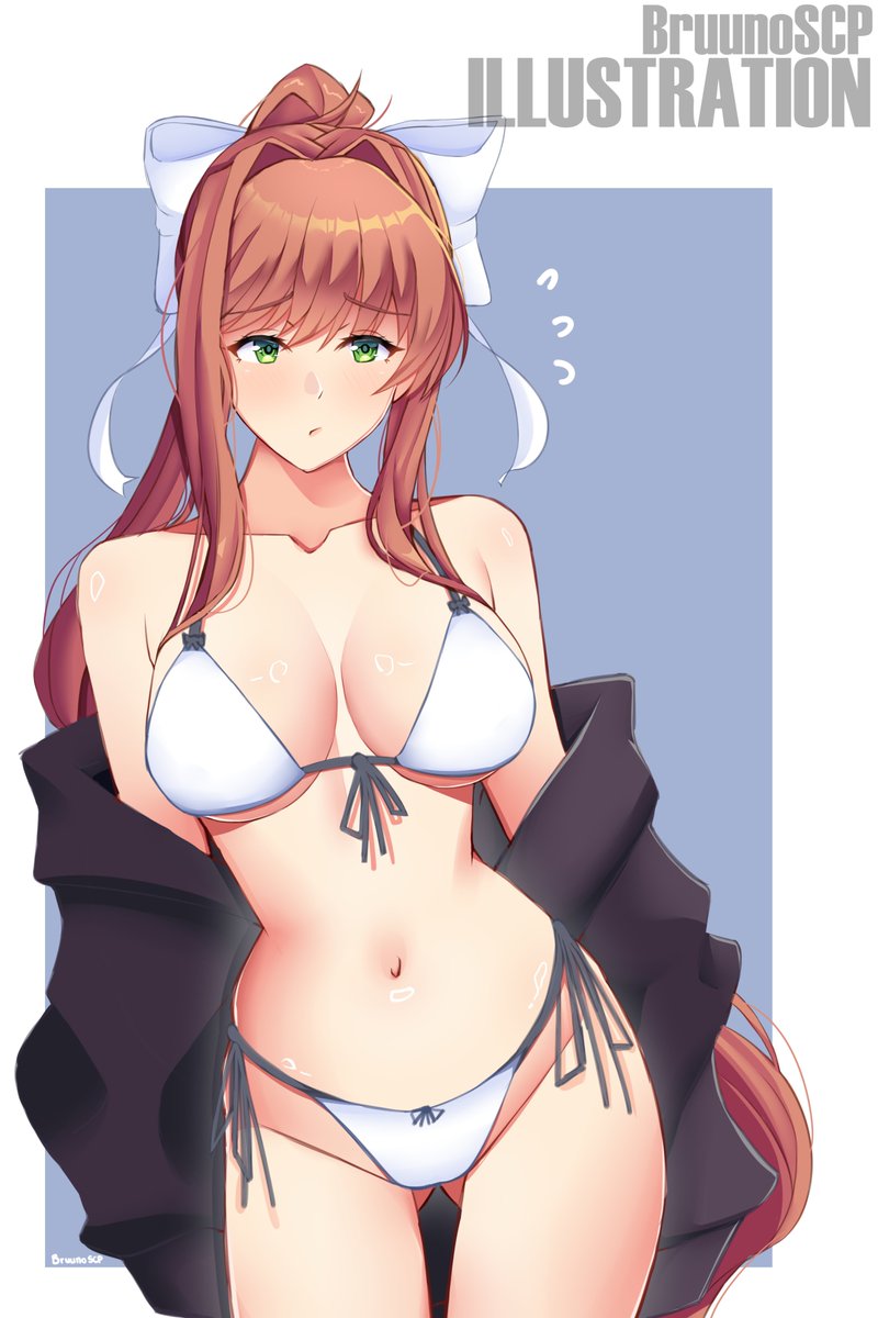 2025 anime_style artist_name artist_signature belly_button bikini breasts brown_hair bruunoscp cleavage collarbone color doki_doki_literature_club female female_only green_eyes human human_only monika_(doki_doki_literature_club) navel ponytail simple_background solo solo_female underboob white_bikini white_bow wide_hips