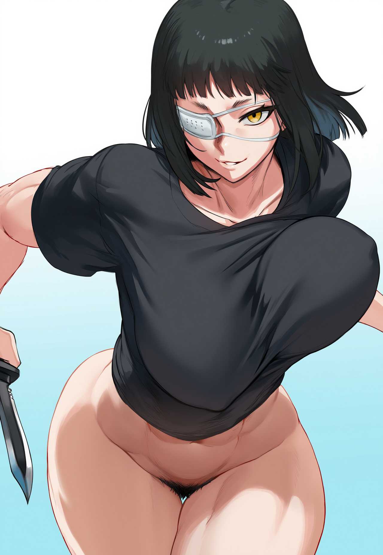 ai generated, attack, big breasts, black hair, black shirt, bottomless, bouncing breasts, breasts, combat knife, dynamic pose, eyepatch, female, gradient background, huge breasts, jagat ai, jormungand, large breasts, looking at viewer, muscular, muscular female, nipple bulge, nipples visible through clothing, plain background, pubic hair, short hair, sofia valmer, solo, solo female, t-shirt, toned, toned female