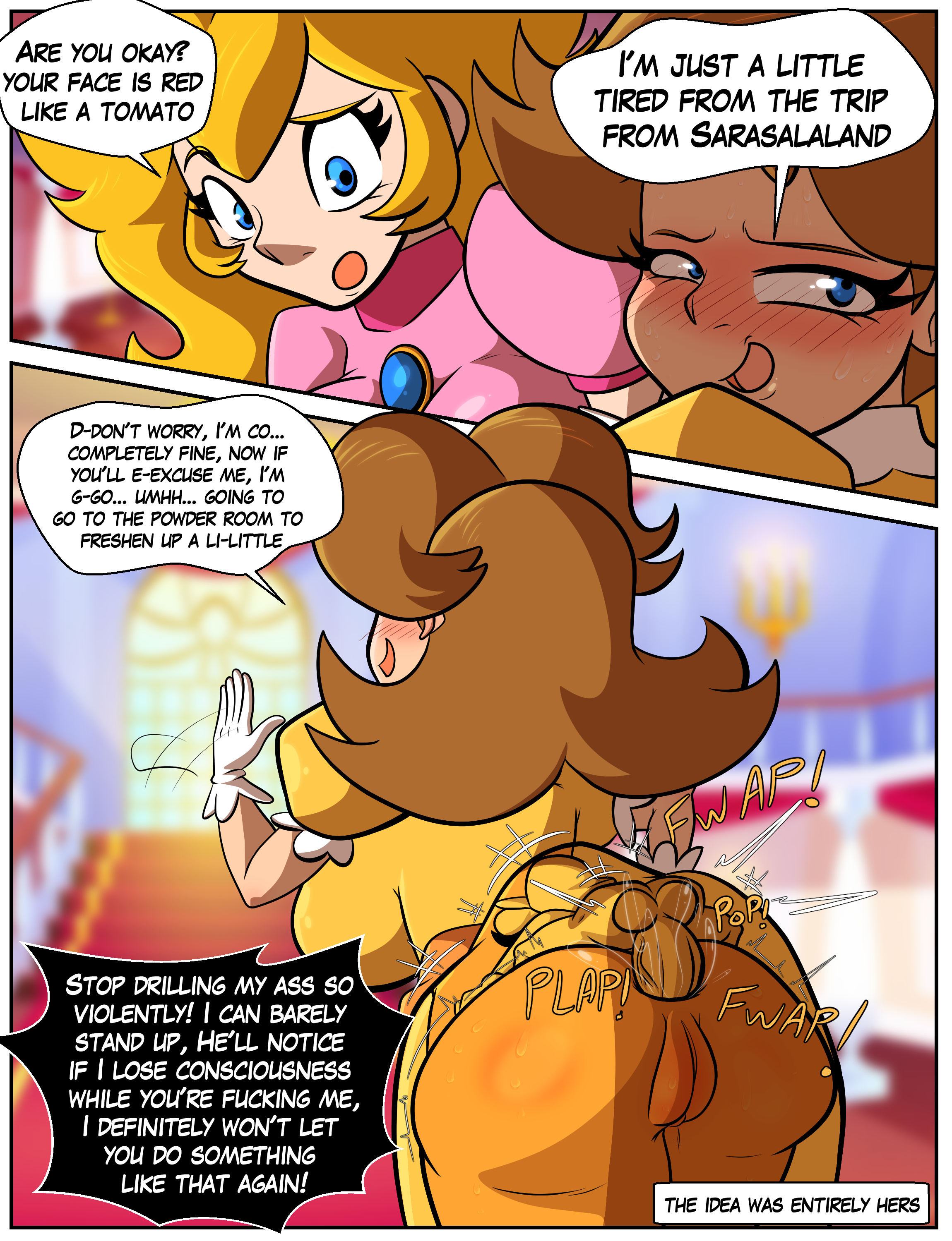 1boy, 2girls, anal, anal sex, ass, female, laccerart, light skin, light-skinned female, luigi, male, mario (series), mario bros, nintendo, princess daisy, princess peach, under dress