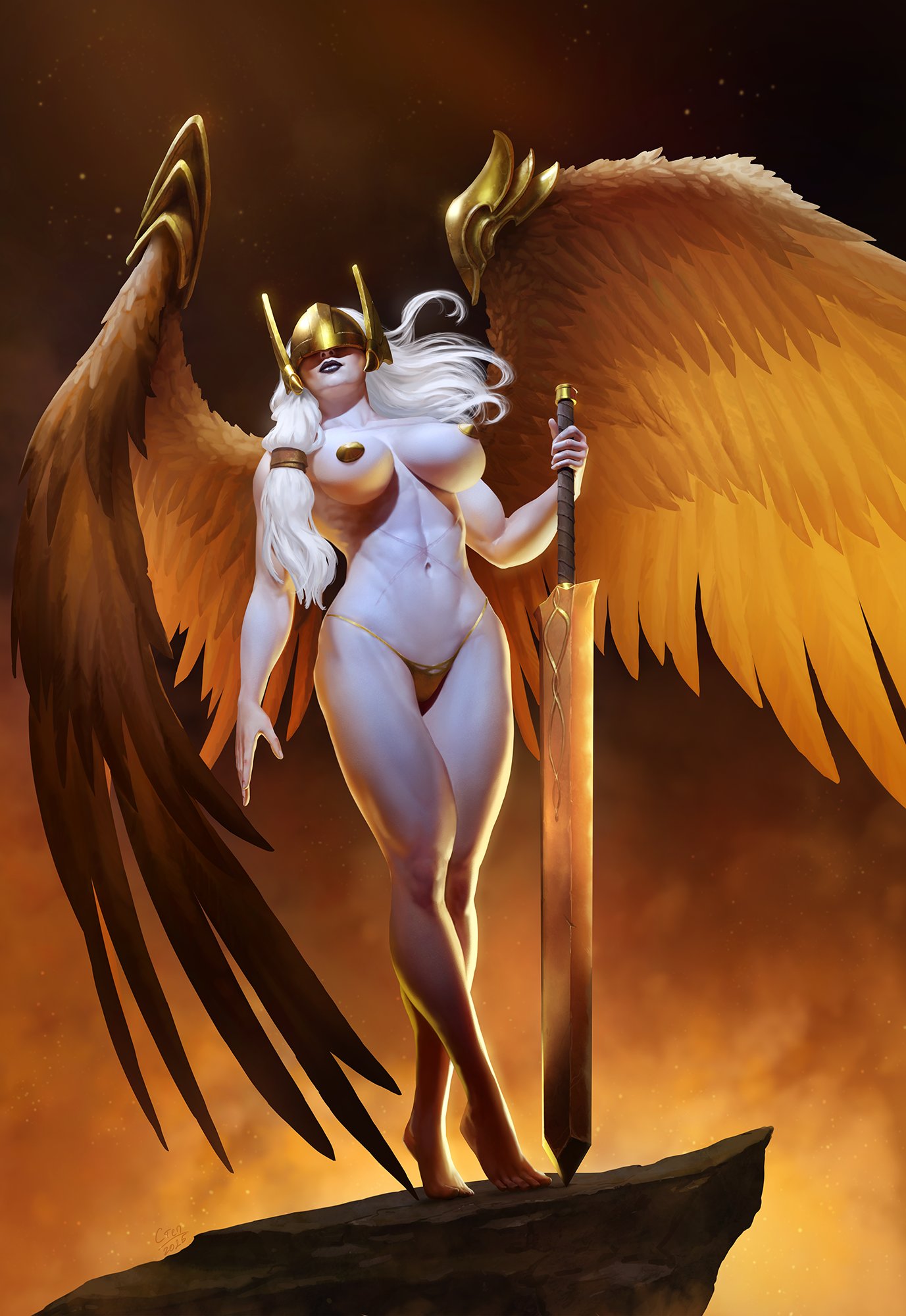 1girls, 2d, almost naked, almost nude, angel, angel wings, areola, areola slip, areolae, areolae slip, artistic, artistic nude, bare midriff, bare shoulders, big breasts, breasts, breasts apart, breasts out, broad shoulders, censored nipples, clavicle, commission, convenient censoring, convenient censorship, covered nipples, curvaceous, curvaceous figure, curvy, curvy body, curvy female, curvy figure, curvy hips, digital media, digital painting, female, female only, golden bikini, hourglass figure, krestotheartist, large breasts, light skin, light-skinned female, medium breasts, muscular, muscular female, no visible genitalia, nonsexual, nonsexual nudity, nude, nude female, pale skin, pale-skinned female, pasties, pinup, posing with weapon, realistic, realistic breast size, realistic proportions, realistic textures, solo, tasteful, tasteful nudity, thong, toned, toned female, val'kyr, white skin, wide hips, wings, world of warcraft