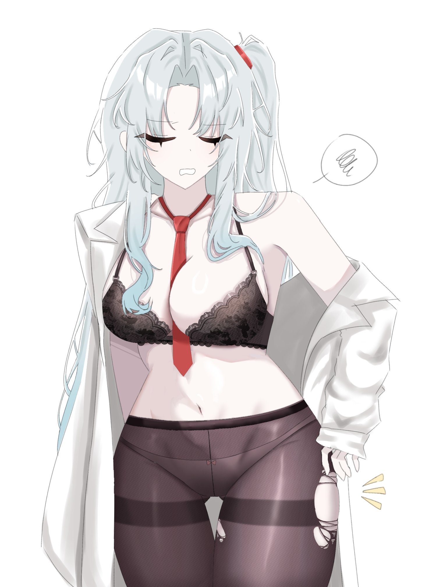 1girls, angela (lobotomy corporation), artist request, belly button, breasts, collarbone, cyan hair, female, light skin, light-skinned female, lobotomy corporation, messy hair, pale skin, pale-skinned female, panties, pantyhose, project moon, red band, red tie, ripped pantyhose, solo, thighs, white background, white panties, white suit