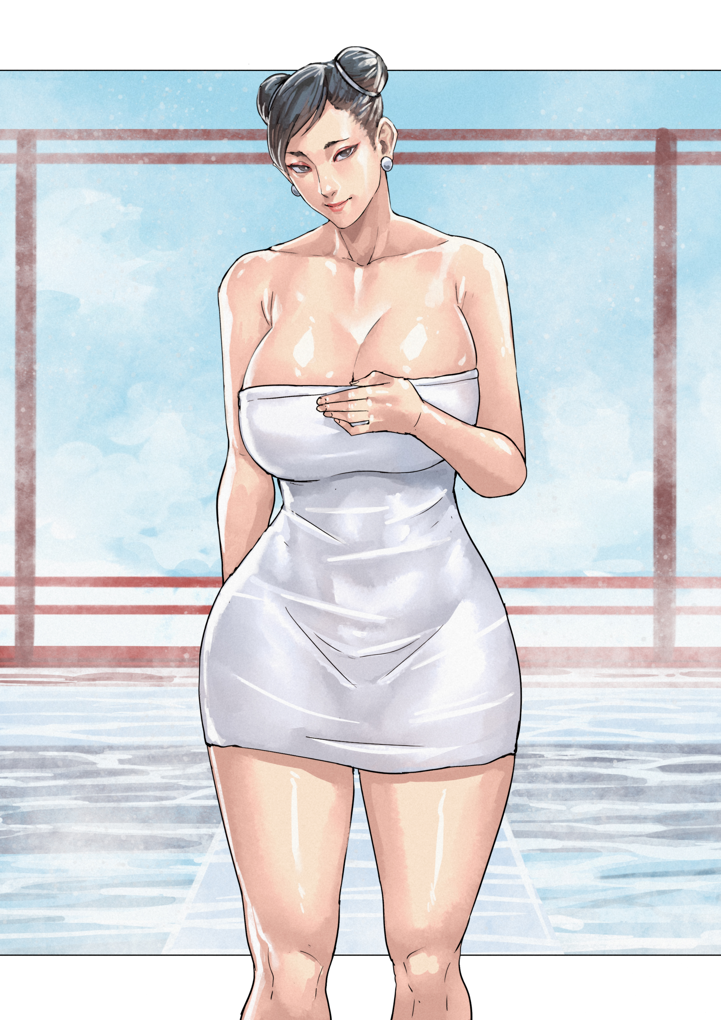breasts, chun-li, cirenk, female, highres, large breasts, street fighter, towel