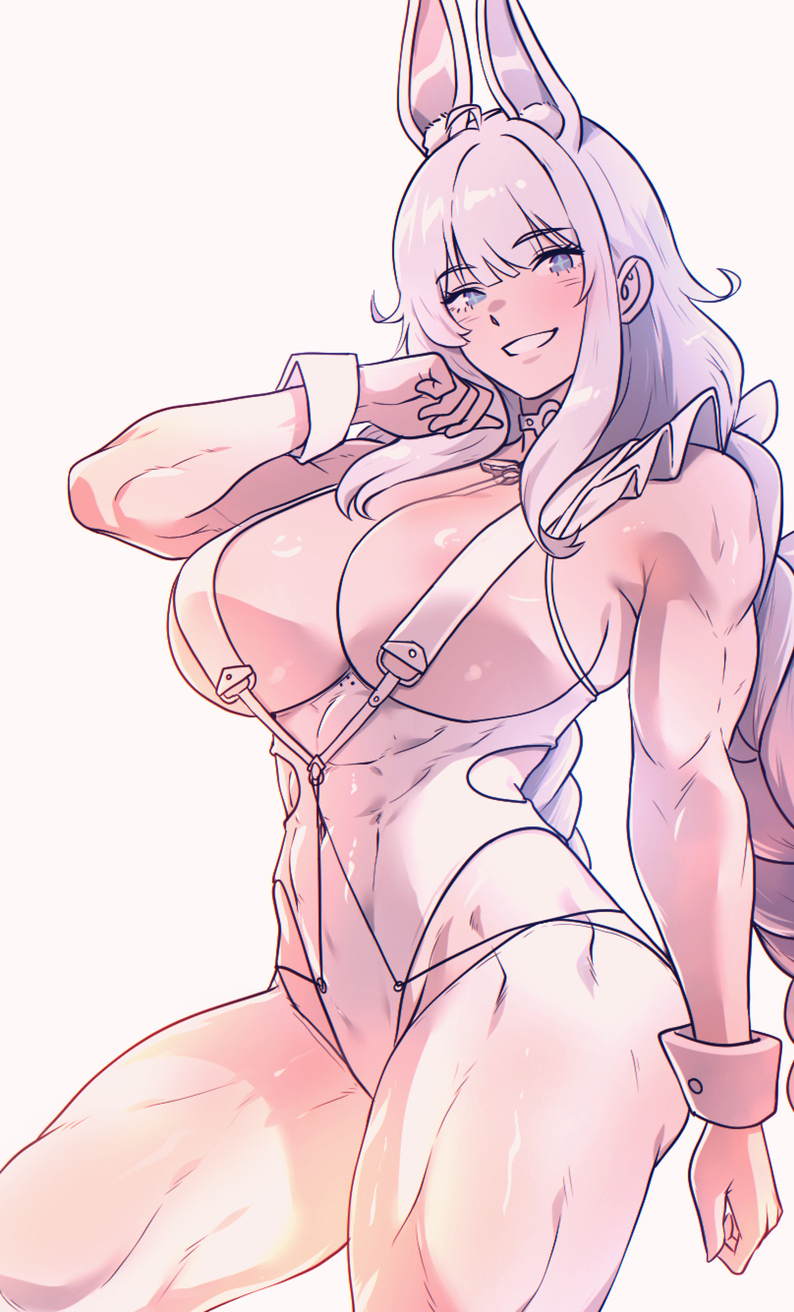 1girls, abs, absurdres, alternate costume, animal ears, azur lane, bare arms, bare legs, bare shoulders, blue eyes, braid, breasts, center opening, choker, commentary request, commission, covered navel, cross-shaped pupils, eyebrows hidden by hair, female, highres, korean commentary, large breasts, le malin (azur lane), le malin (listless lapin) (azur lane), le malin (listless lapin) (azur lane) (cosplay), leotard, long hair, muscular, muscular arms, muscular female, original, pixiv commission, rabbit ears, sideboob, smile, spoiledmuffin, symbol-shaped pupils, teeth, thick thighs, thighs, twin braids, underboob, very long hair, white background, white choker, white hair, white leotard, wrist cuffs