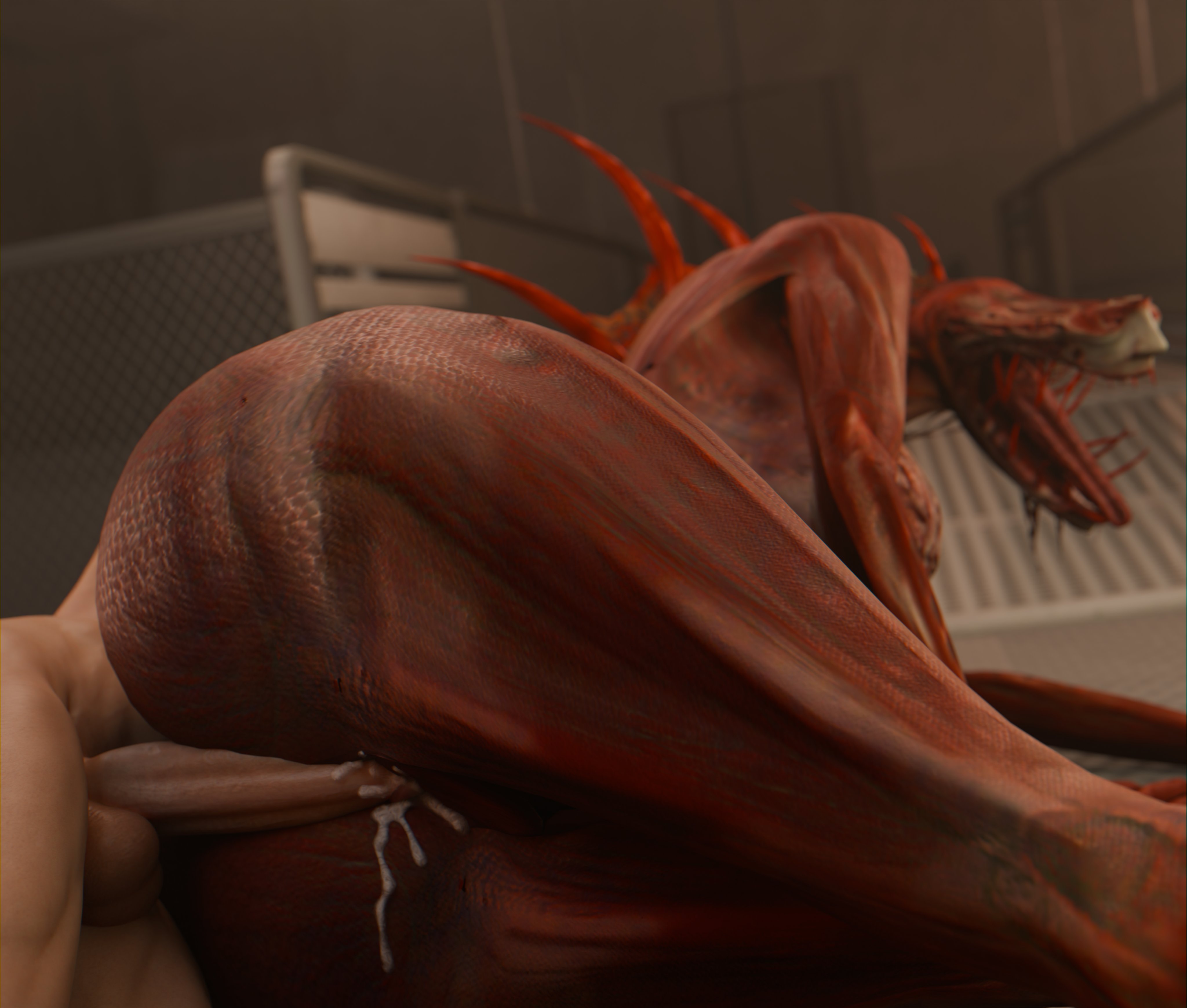 1boy, 1girls, ambiguous penetration, animal only, ass, bigger female, cum, cum inside, faceless male, female, height difference, male, monster, monster girl, nude, nude female, nude male, penetration, public, public nudity, public sex, scp foundation, scp secret laboratory, scp-939, sex, size difference, straight, tagme, vensaku