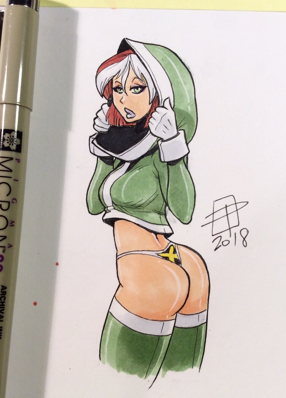 1girls 2018 anna_marie artist_signature ass boobs_and_butt_pose butt callmepo color colored dated eschergirl eyeshadow female female_only goth hoodie lipstick makeup marvel marvel_comics no_pants rogue_(evolution) rogue_(x-men) solo solo_female thong x-men x-men_evolution