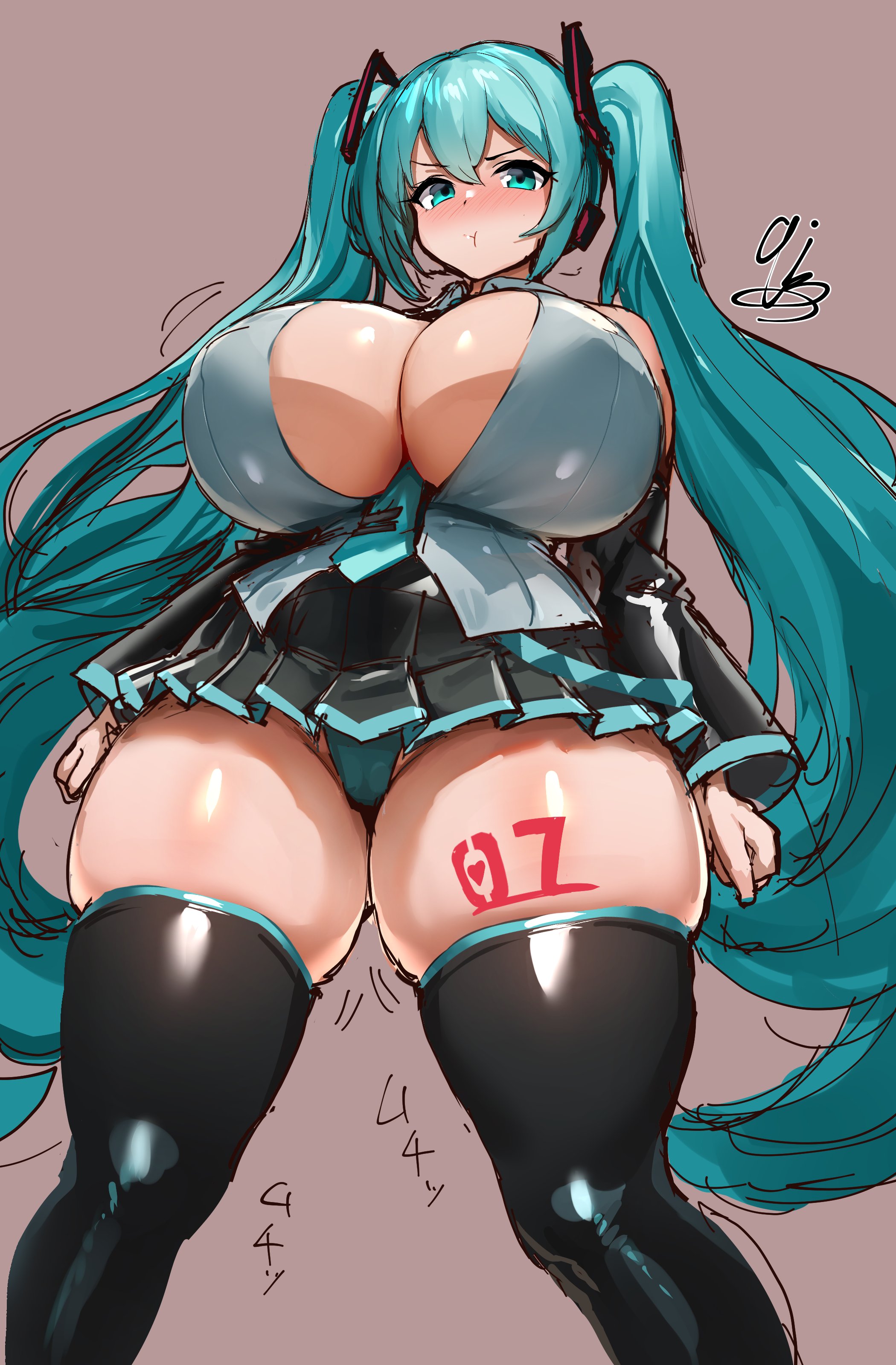 1girl, 1girls, 9is, ai generated, alternate breast size, annoyed, aqua eyes, aqua hair, aqua necktie, aqua panties, bare shoulders, between breasts, black skirt, black thighhighs, blue hair, blush, breasts, brown background, cleavage, covered nipples, detached sleeves, female, from below, hatsune miku, huge breasts, leg tattoo, long hair, looking at viewer, miniskirt, necktie, necktie between breasts, number tattoo, panties, pleated skirt, pout, shiny, shiny skin, shirt, simple background, sketch, skindentation, skirt, solo, tagme, tattoo, thick thighs, thighhighs, thighs, twintails, underwear, very long hair, vocaloid
