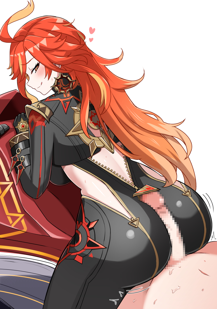 ass biker_clothes bikesuit black_bodysuit black_gloves bodysuit breasts buttjob censored earrings female flamestrider_(genshin_impact) genshin_impact gloves heart jewelry long_hair mavuika_(genshin_impact) mosaic_censoring motor_vehicle motorcycle multicolored_hair on_motorcycle orange_eyes orange_hair penis red_hair smile sun_earrings twitching two-tone_hair very_long_hair white_background yuzu_kiro