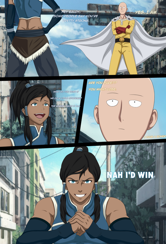 avatar bald brown_skin challenge city clothed crossover densekkusu dialogue expressionless hero instant_loss instant_loss_2koma korra nah_id_win one-punch_man ponytail saitama the_legend_of_korra