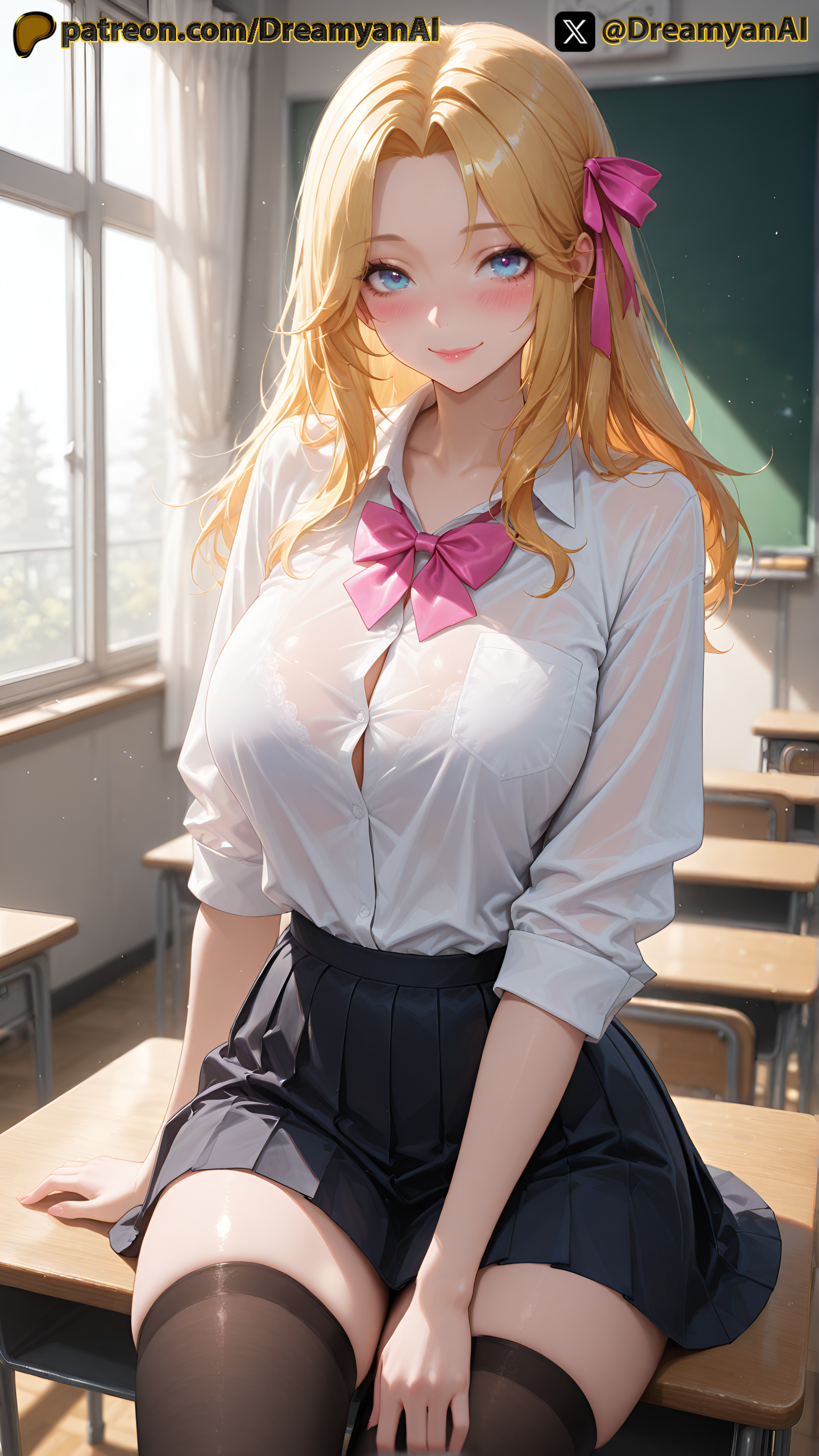 1girls, 2025, ai, ai assisted, ai generated, anime, anime style, artist name, ass, blonde female, blonde hair, blue eyes, breasts, dreamyan ai, female, hi res, high quality, high resolution, highres, league of legends, long hair, luxanna crownguard, patreon, school, school uniform, schoolgirl, smile, smiling, stockings, thick ass, thick thighs, thighs, uncensored, white body, white skin