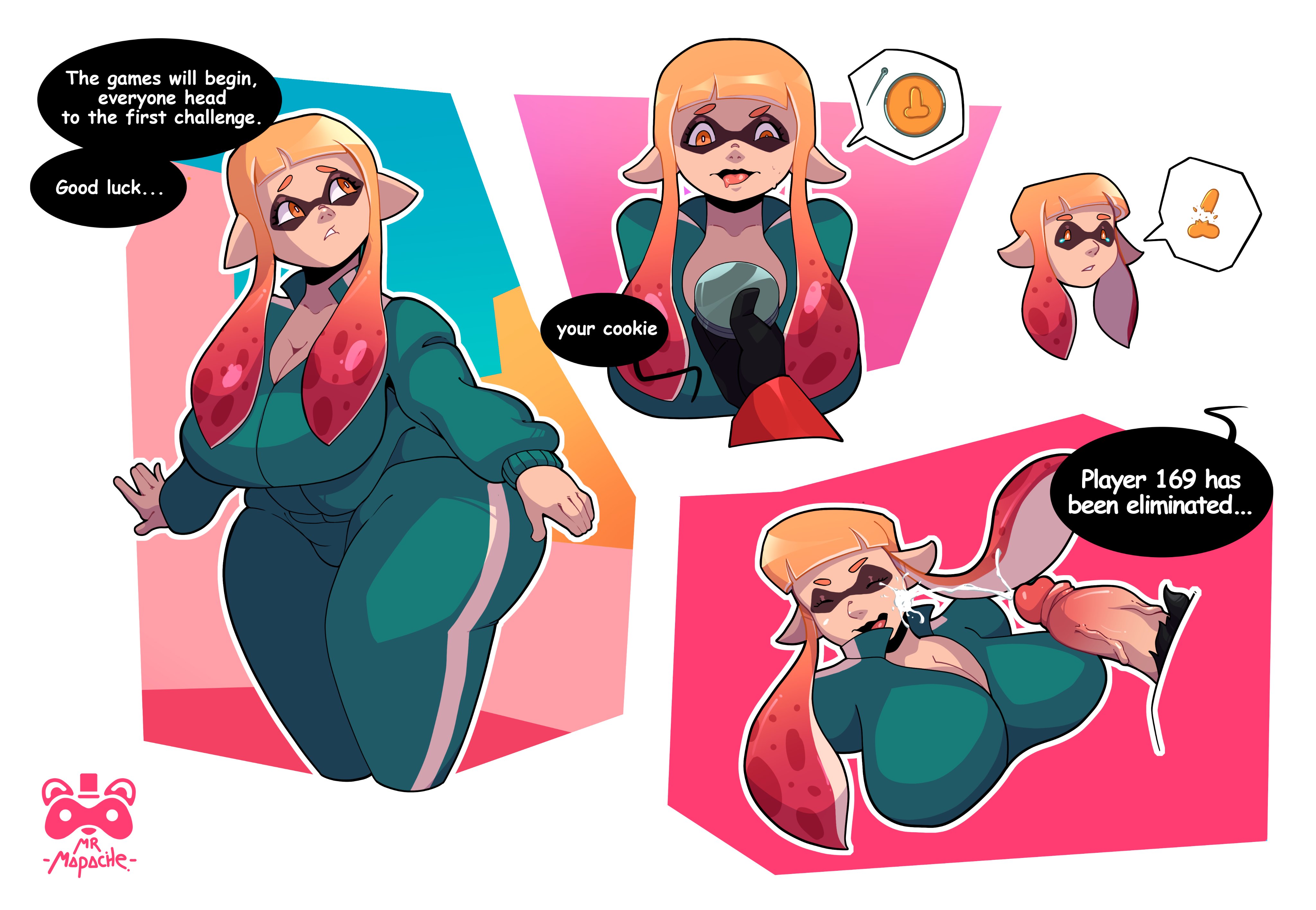 1boy, 1girl, ass, big ass, big breasts, big butt, big penis, big thighs, big titties, breasts, clothing, cum, cum in face, cum inside, curvaceous, curvaceous female, curvaceous figure, curvy, curvy figure, curvy hips, female, female focus, inkling, inkling girl, looking at viewer, male, mr mapache, penis, splatoon, splatoon (series), squid game, text, text bubble