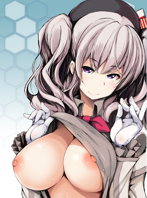 areolae bangs beret black_hat blush breasts breasts_out buttons closed_mouth collared_shirt commentary_request epaulettes female gengoroh grey_shirt hat head_tilt honeycomb_(pattern) honeycomb_background jacket jacket_pull kantai_collection kashima_(kantai_collection) large_breasts long_hair long_sleeves looking_at_viewer military military_jacket military_uniform neckerchief nipples no_bra open_mouth purple_eyes red_neckwear shirt sidelocks silver_hair skirt smile solo tsurime twintails uniform upper_body wavy_hair white_jacket