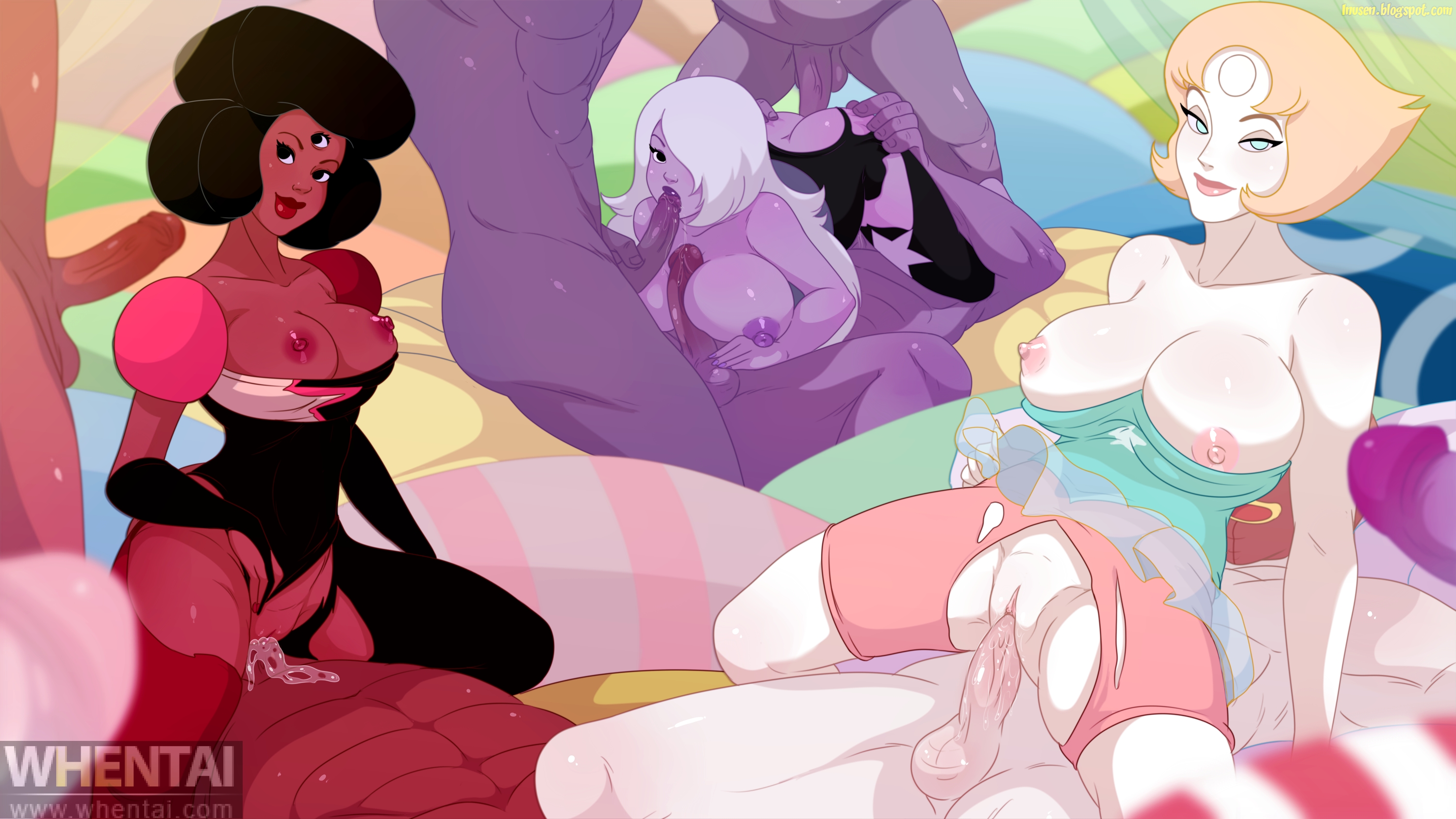 3 eyes, 3girls, 6boys, amethyst (steven universe), big breasts, breasts, cartoon network, dark skin, dark-skinned female, female, garnet (steven universe), gem (species), huge breasts, inusen, male, multi eye, multiple boys, multiple males, orgy, pearl (steven universe), purple skin, steven universe, white skin