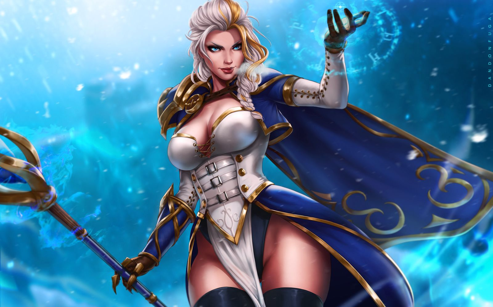 1girls, big breasts, black gloves, blonde hair, blue eyes, breasts, cleavage, cloak, clothed, clothing, dandon fuga, female, female only, gloves, human, jaina proudmoore, large breasts, light skin, light-skinned female, mage, multicolored hair, shoulder pad, solo, solo female, solo focus, staff, standing, thighhighs, warcraft, white hair, world of warcraft