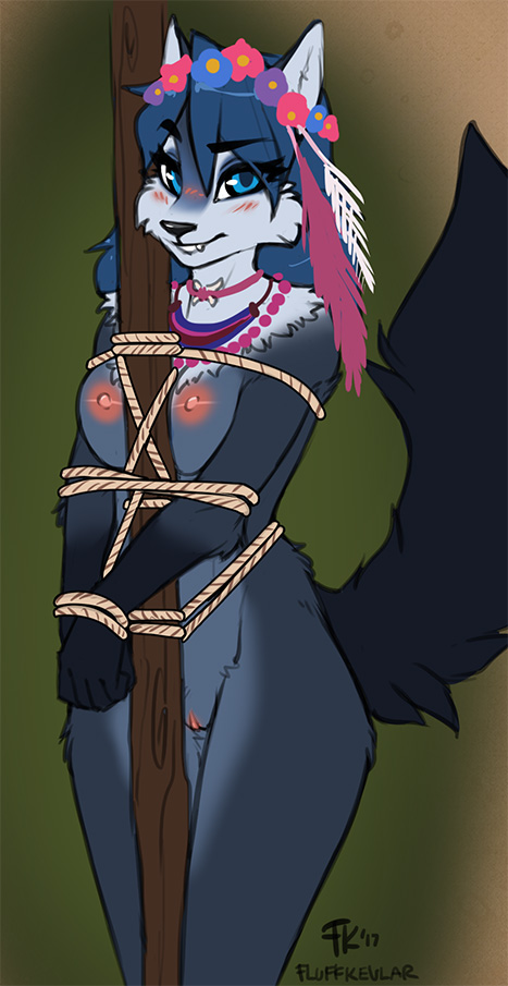 2017 accessory anthro bianca_(sheep_and_wolves) blue_body blue_eyes blue_fur blue_hair blush bound breasts brown_background canid canine canis fang_out feathers female flower flower_in_hair fluff-kevlar fur furry furry_only genitals hair hair_accessory jewelry looking_at_viewer mammal necklace nipples no_humans nude plant pole pussy rope sheep_and_wolves skinny_dipping smile solo submissive submissive_female tuft wizart wizarts wolf