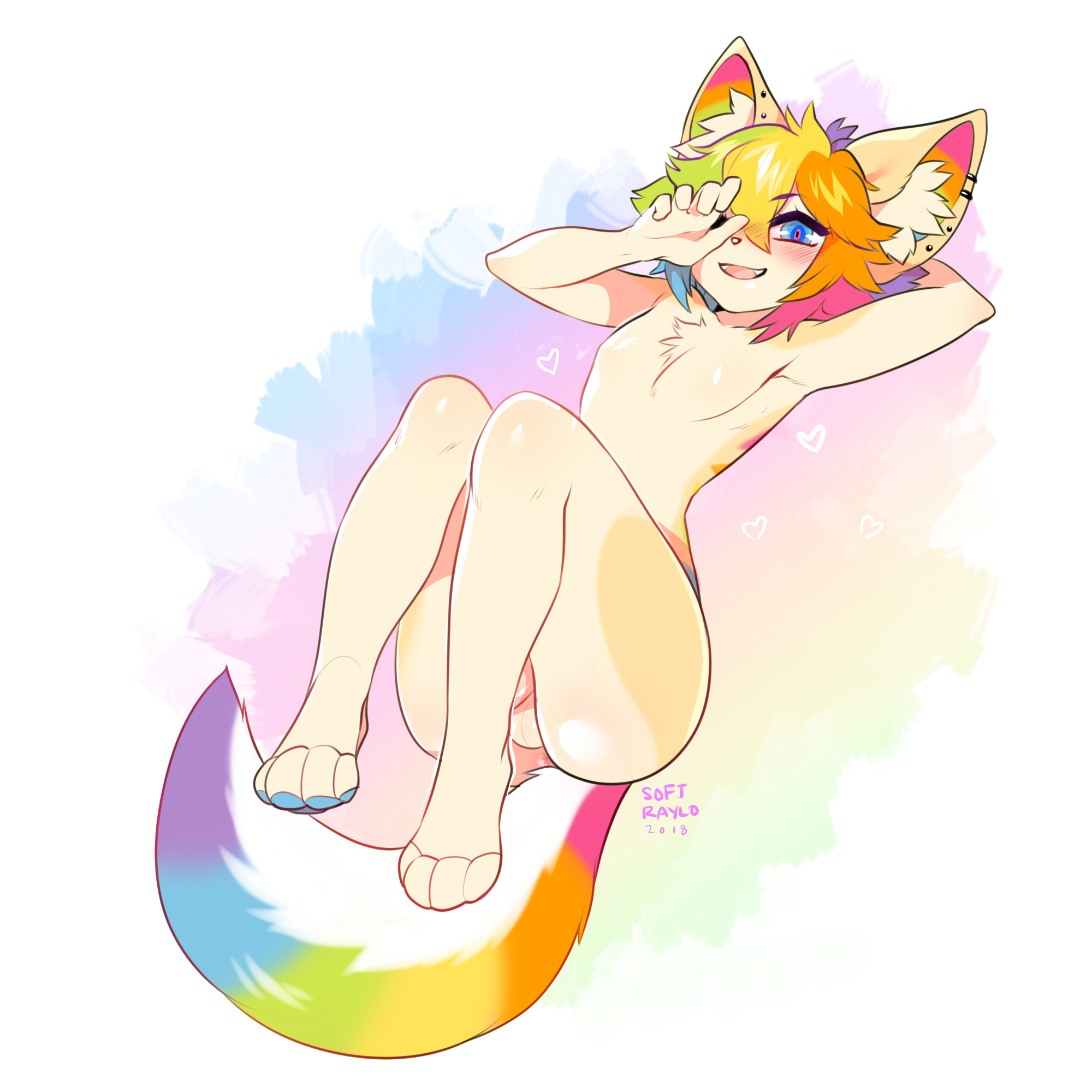 anthro, balls, blonde fur, blonde hair, blue eyes, blush, canine, chest tuft, colored hair, ear piercing, enjoipandas, femboy, fur, girly, hair, heart, looking at viewer, male, mammal, multicolored fur, multicolored hair, open mouth, pawpads, paws, piercing, radio (chicaaago), rainbow fur, rainbow hair, simple background, smile, solo, tuft, white background, wolf