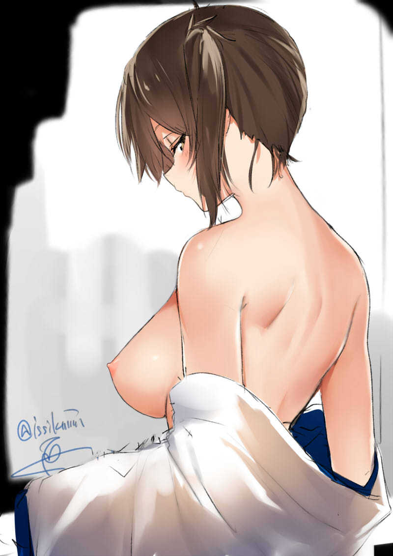 10s artist_name bare_shoulders breasts brown_eyes brown_hair female from_side hagirussia_(sanyanyanya) half-closed_eyes isshiki_(ffmania7) kaga_(kantai_collection) kantai_collection large_breasts medium_hair nape nipples no_bra off_shoulder profile shoulder_blades side_ponytail sideboob solo strap_gap swimsuit third-party_edit twitter_username undressing