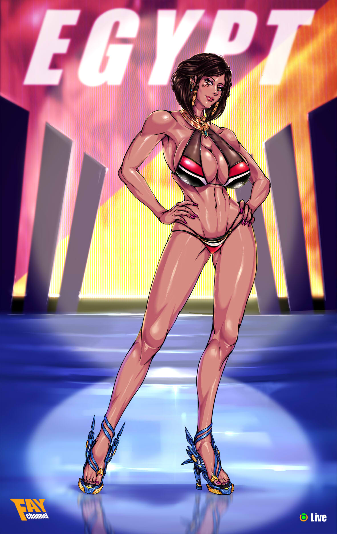 1girls, abs, big breasts, bikini, blizzard entertainment, breasts, cleavage, dark skin, dark-skinned female, egyptian, egyptian flag, faymantra, female, female only, flag bikini, large breasts, looking at viewer, overwatch, pharah, solo