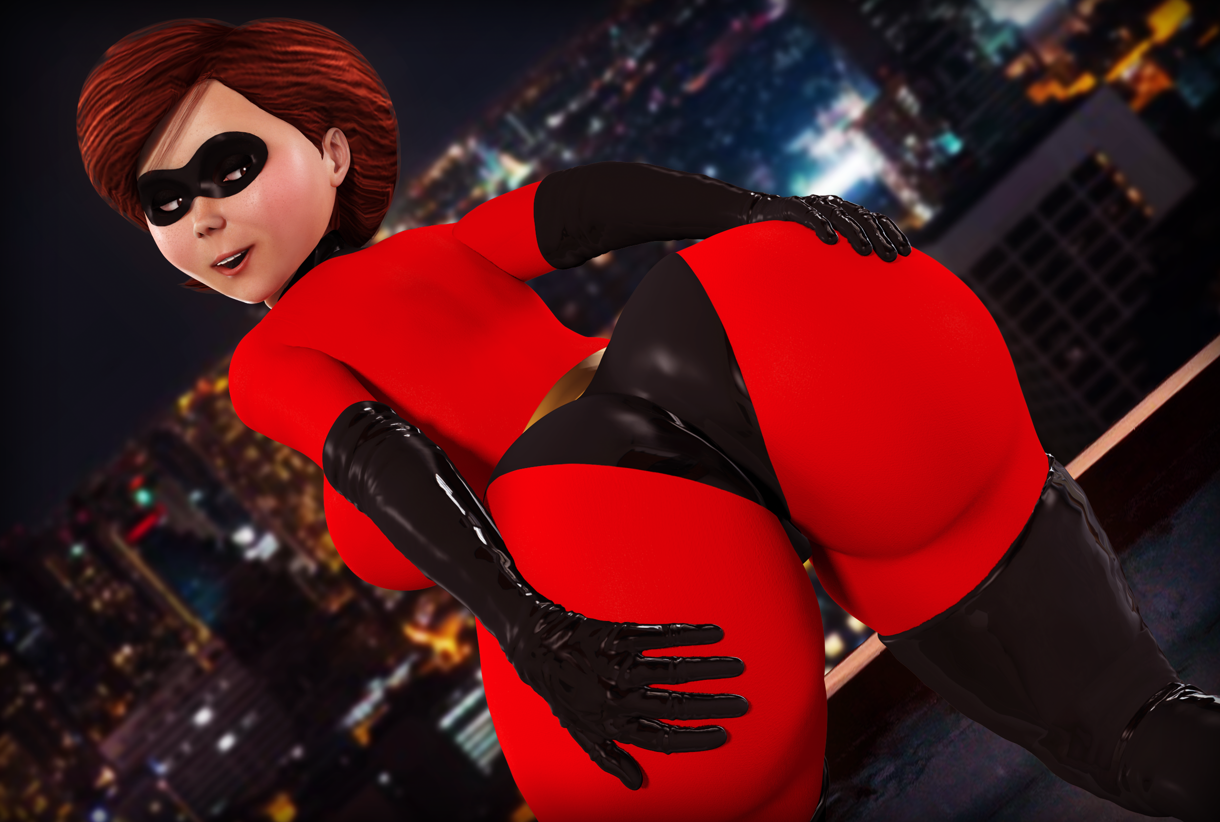 1girls, 3d, ass, auburn hair, big ass, bodysuit, clothed, disney, elastigirl, elbow gloves, female, female only, freckles, fully clothed, glove, gloves, helen parr, human, latex, latex gloves, long gloves, milf, pixar, rasmus-the-owl, redhead, smooth skin, solo, solo female, suit, the incredibles, thighhighs