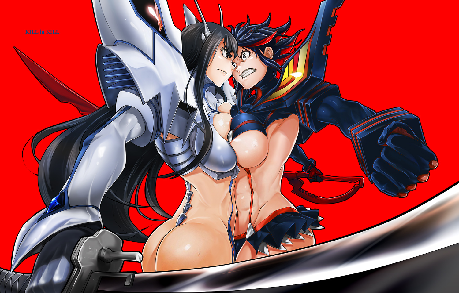 2girls, abs, angry, armor, ass, bakuzan, big breasts, black hair, black-haired female, breast press, breasts, bubble ass, bubble butt, catfight, competition, female, fighting, gloves, half-dressed, hourglass figure, hugging, junketsu, kill la kill, kiryuuin satsuki, long hair, matoi ryuuko, multicolored hair, multiple females, multiple girls, muscular, muscular female, scissor blade, senketsu, short hair, siblings, side view, sideboob, sisters, skimpy, skirt, suspenders, sword, symmetrical docking, two-tone hair, voluptuous