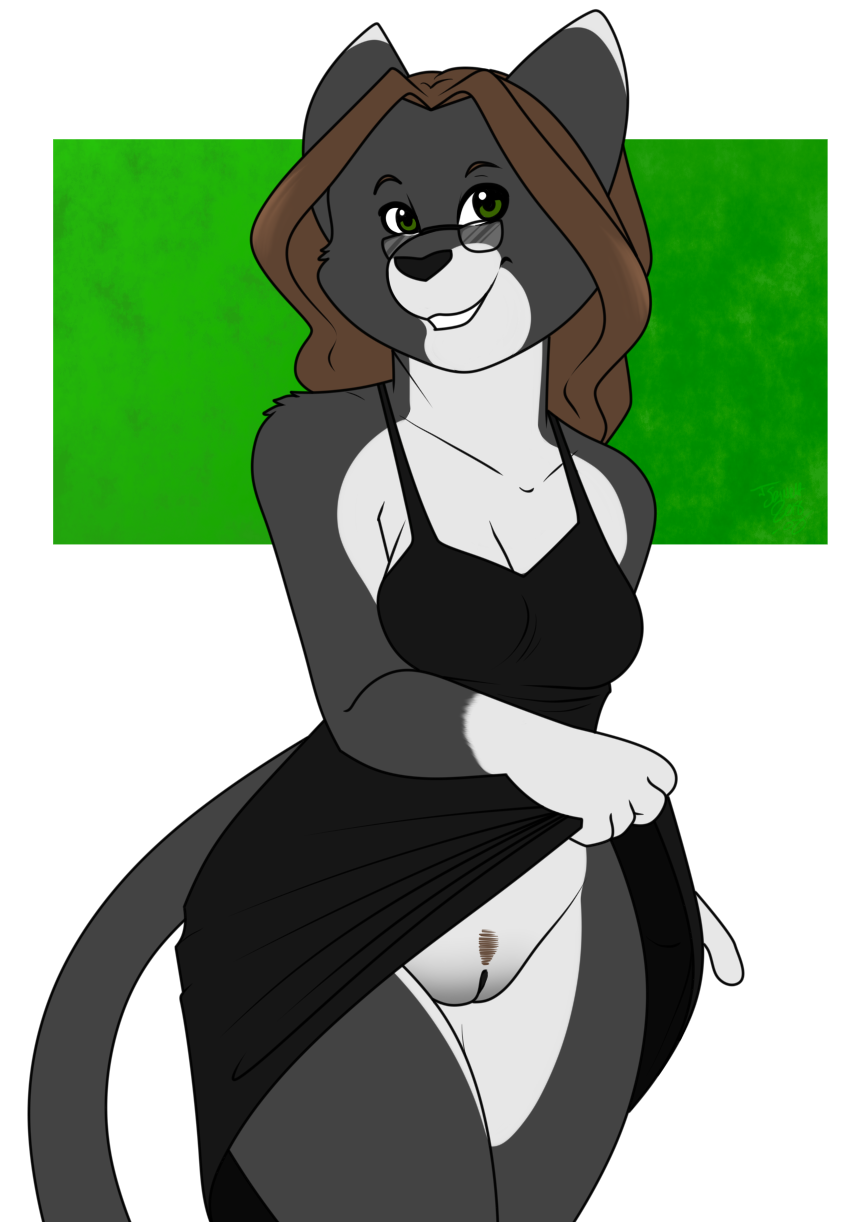 2018 anthro black_fur black_nose bottomless brown_hair clothed clothing domestic_cat eyewear feline feline female flashing fur glasses green_eyes hair josie looking_at_viewer mammal os pawpads pubes pussy smile solo upskirt