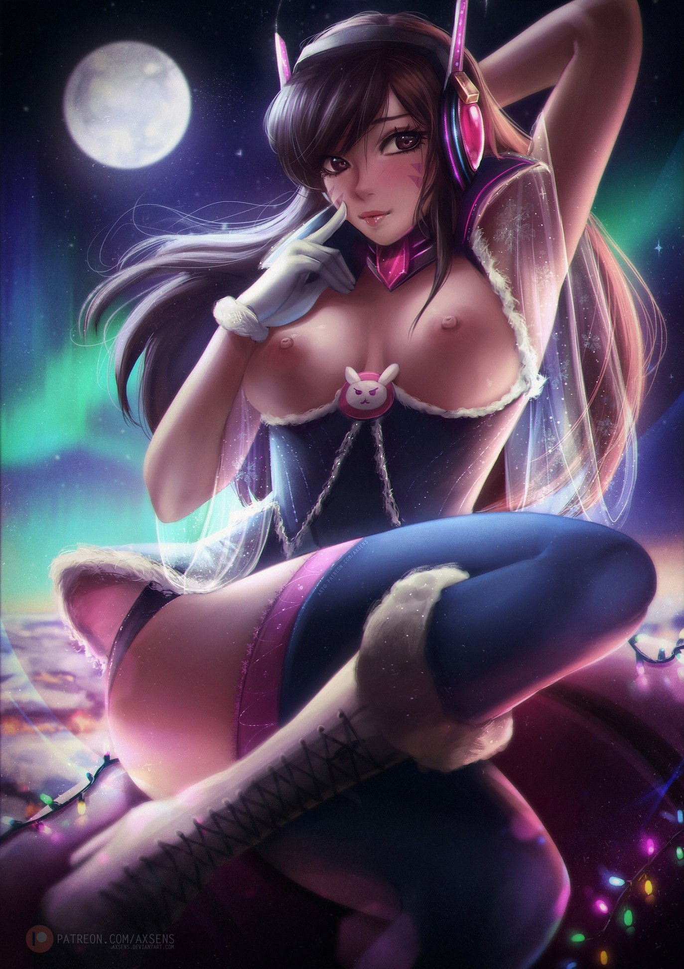 absurdres, areolae, axsens, blush, breasts, christmas, d.va, female, female only, highres, nipples, overwatch, solo, thighhighs