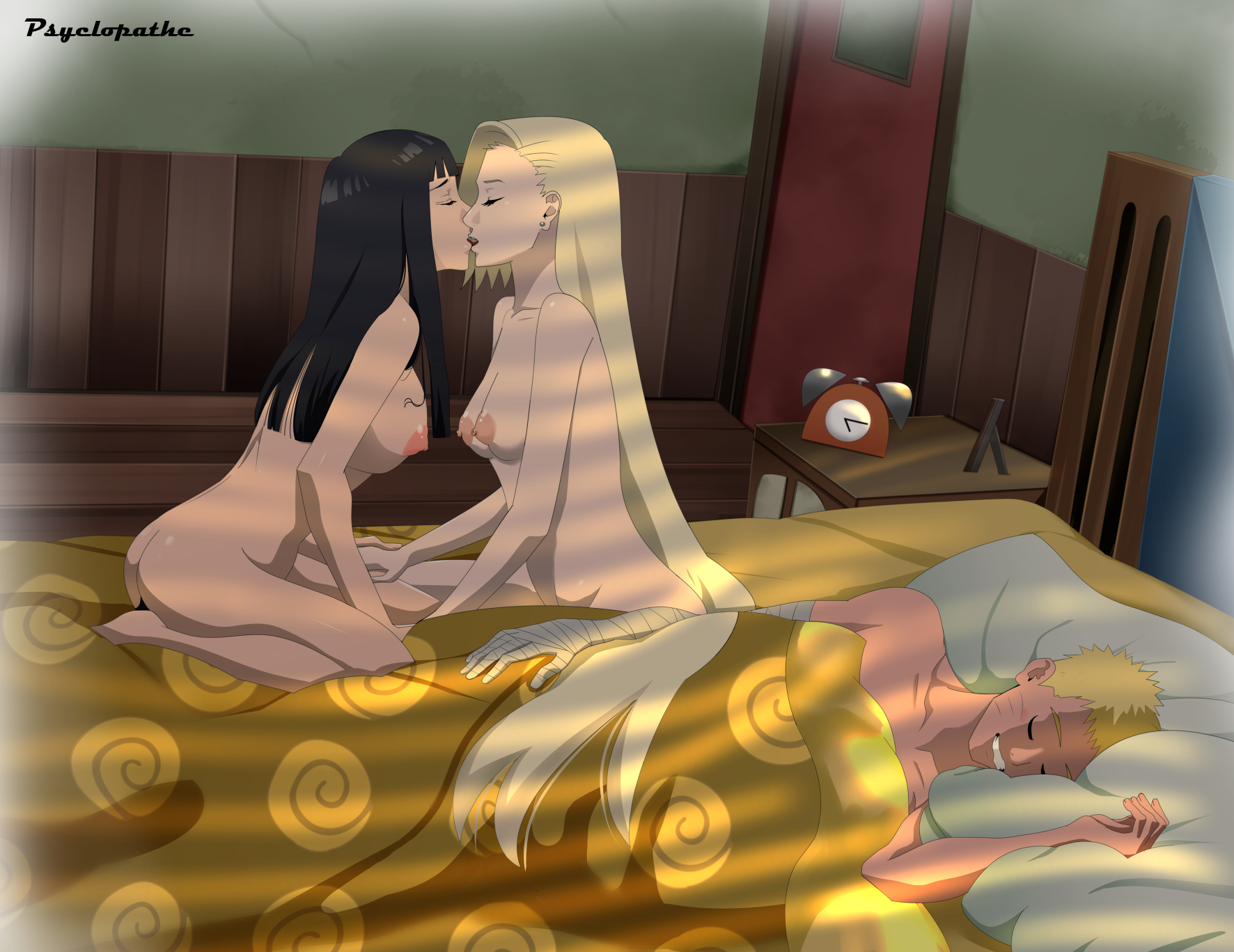 1boy, 2girls, after sex, breasts, canon couple, female, hyuuga hinata, ino yamanaka, male, multiple females, multiple girls, naruto, naruto (series), naruto: the last, nipples, psyclopathe, pussy, sleeping, swingers, uncensored, uzumaki naruto, yuri