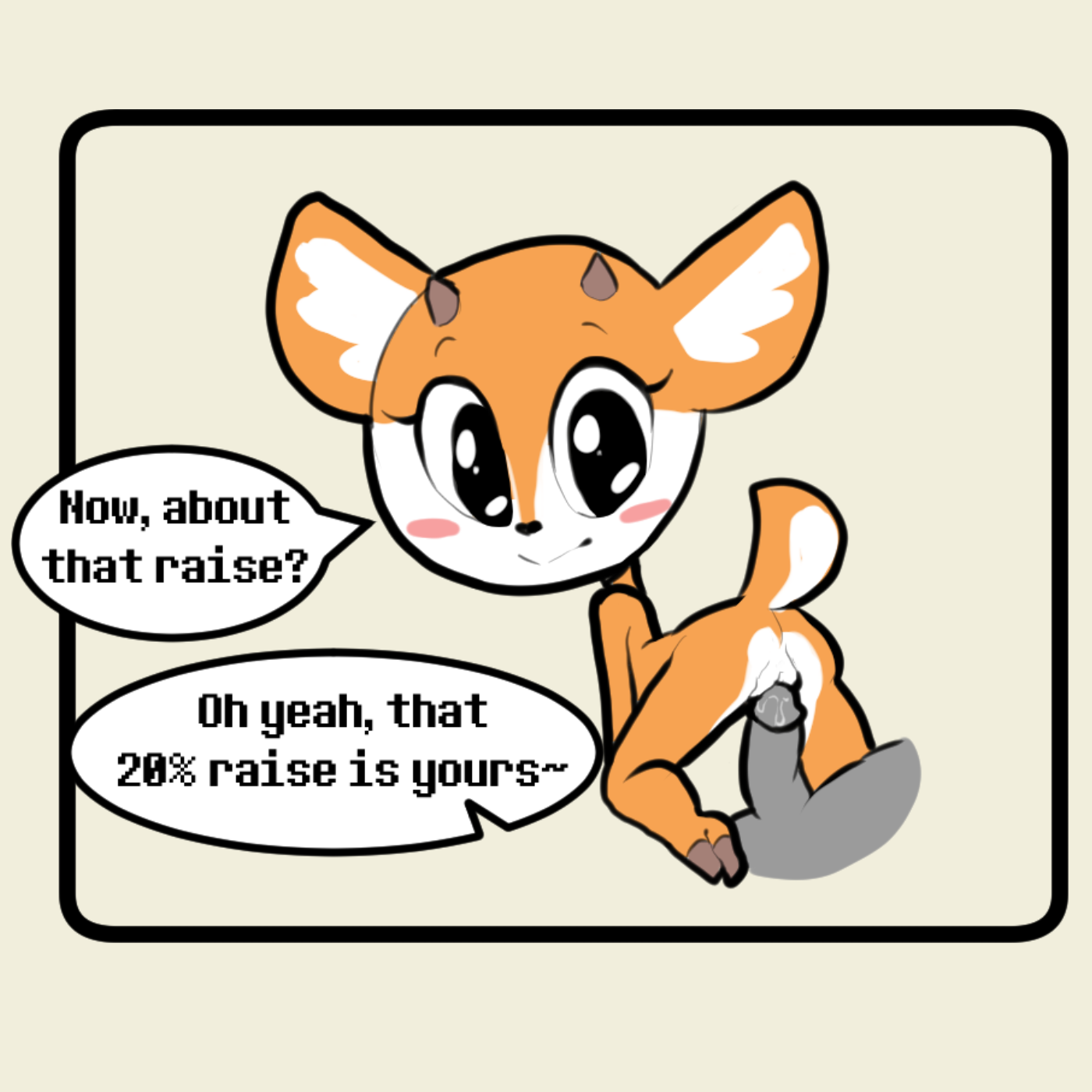 2018, aggressive retsuko, antelope, anthro, blush, dialogue, domination, duo, english text, erection, faceless male, female, female focus, femdom, from behind position, fur, hi res, hooves, itsunknownanon, kneeling, looking back, male, mammal, orange fur, penis, prodding, pussy, sex, simple background, smile, smooth fur, solo focus, straight, teasing, text, tsunoda, white background