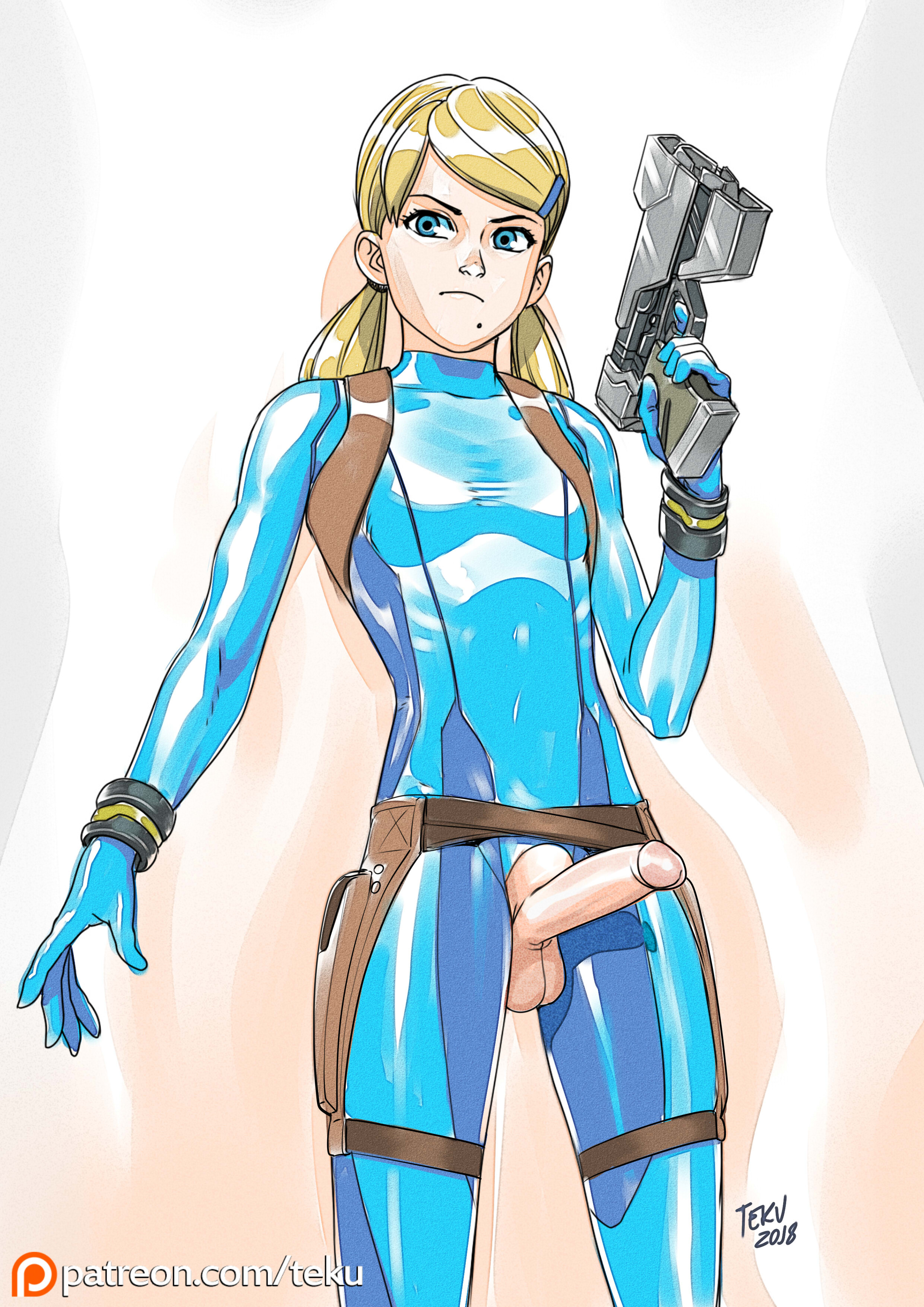 2018, alternate hairstyle, androgynous, balls, beauty mark, belt, blonde hair, blue eyes, casual, erection, femboy, firearm, genderswap, genderswap (ftm), girly, handgun, harness, hourglass figure, human, legwear, male, male focus, male only, male samus, metroid, mole, nintendo, pale skin, penis, petite, rule 63, samus aran, slim, solo, standing, teenager, tekuho, testicles, trap, twintails, weapon, wristwear, zero suit, zero suit samus