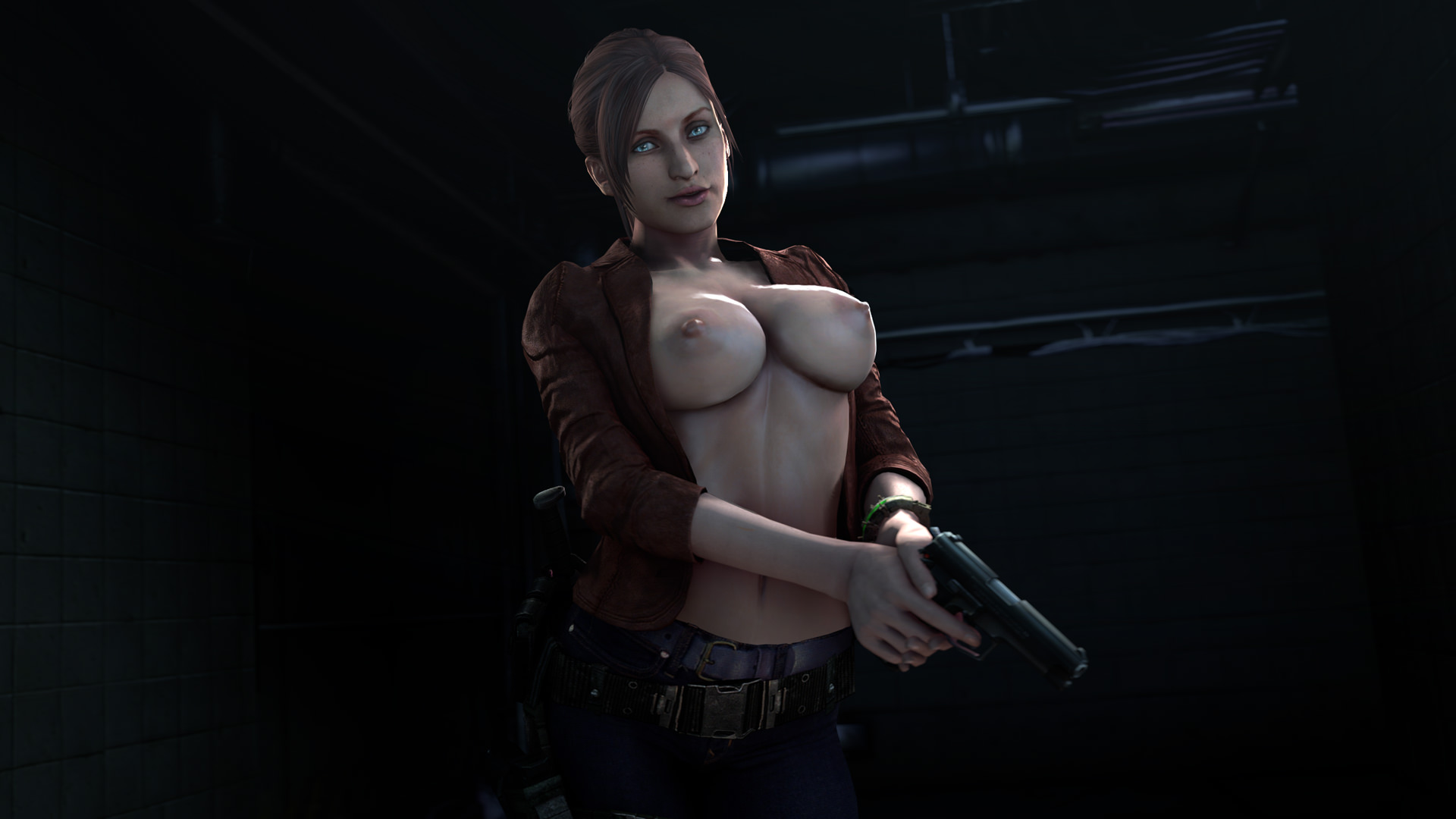 1girls, 2018, 3d, areola, areolae, batesz, belt, big breasts, blue eyes, bottomwear, breasts, brown hair, casual, claire redfield, clothing, erect nipples, eyebrows, female, female only, firearm, gun, hair, handgun, hands, human, jacket, lips, lipstick, looking at viewer, nipples, nose, open clothes, outerwear, ponytail, realistic, resident evil, shiny, shiny skin, solo, source filmmaker, standing, weapon