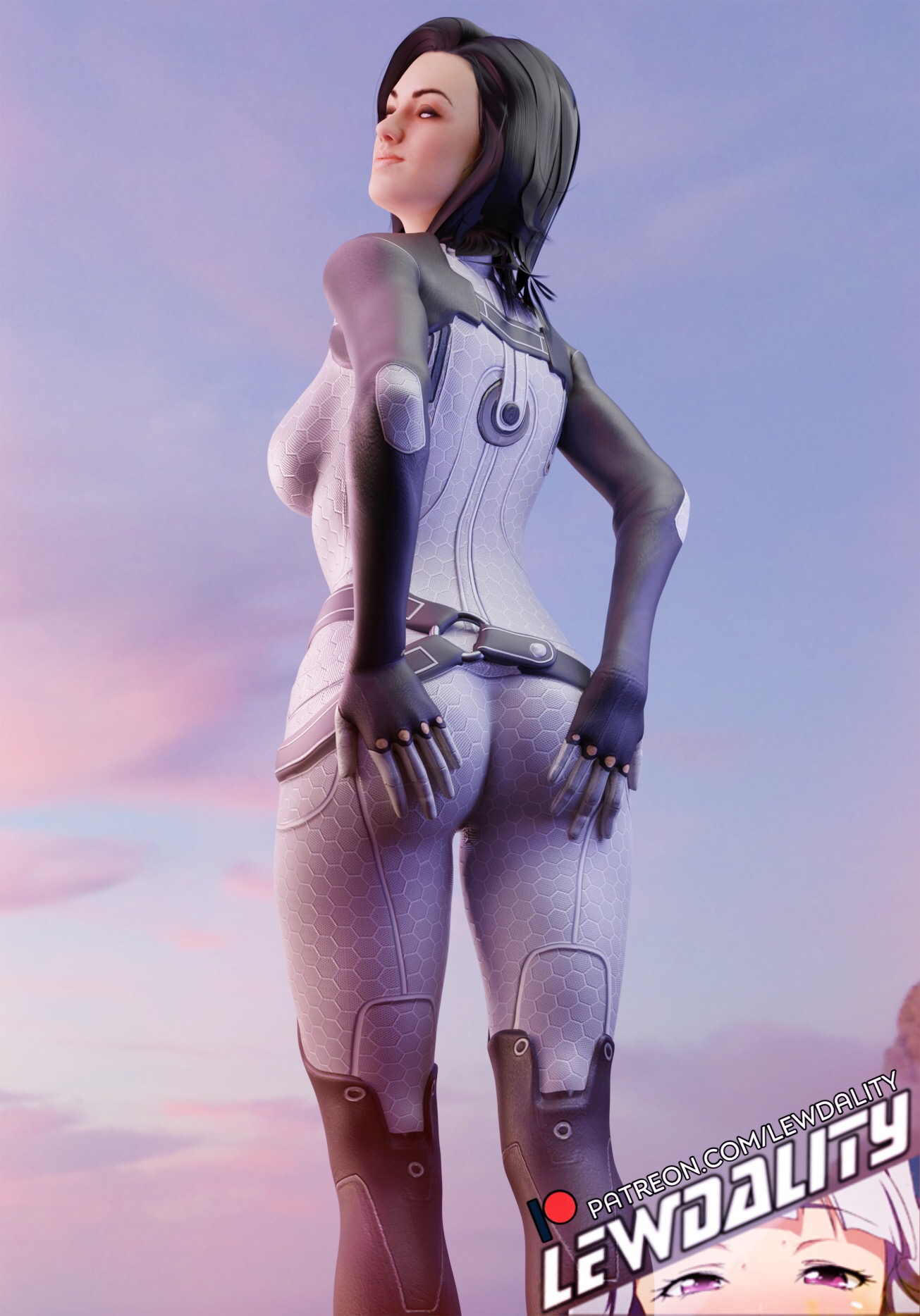 1girls, 3d, 3d (artwork), ass, ass grab, ass up, big breasts, black hair, bodysuit, breasts, curly hair, curvaceous, curvy, curvy figure, female, female only, flirting, high resolution, highres, human, human only, leaning forward, lewdality, long hair, looking at viewer, looking back, mass effect, mass effect 2, mass effect 3, miranda lawson, presenting ass, rear view, sideboob, skin tight, solo, thighhighs