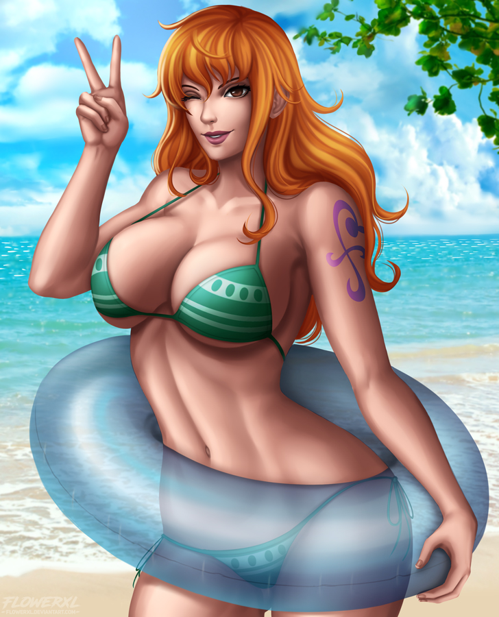 1girls, arm tattoo, big breasts, bikini, blue tattoo, breasts, cleavage, female, female only, flowerxl, long hair, looking at viewer, nami (one piece), one piece, orange hair, orange-haired female, pinup, solo, striped bikini, tattoo, v