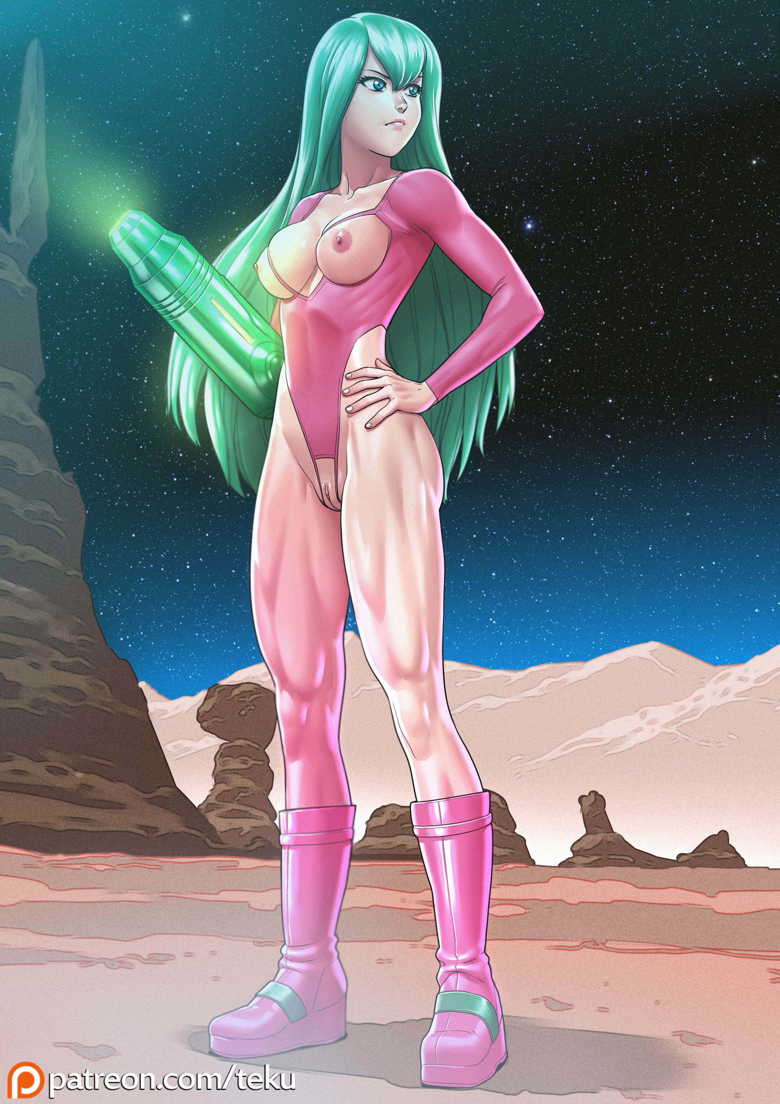 1girls, breastless clothes, breasts, crotchless, female, full body, green hair, hand on hip, justin bailey, leotard, long hair, metroid, nintendo, nipples, pussy, revealing clothes, samus aran, solo, space, standing, tekuho