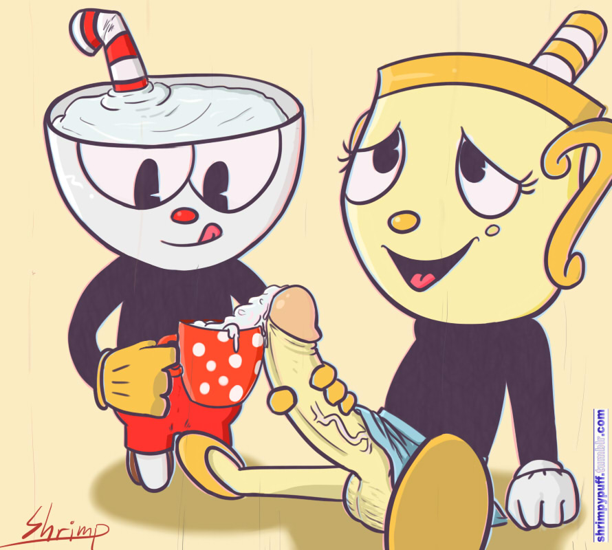:p, 1boy, 1futa, big penis, cum, cumming, cup, cuphead, cuphead (game), dickgirl, dickgirl/male, footwear, futa on male, futanari, handwear, intersex, kneeling, male, male on futa, ms. chalice, no panties, penis, shrimpypuff, sitting
