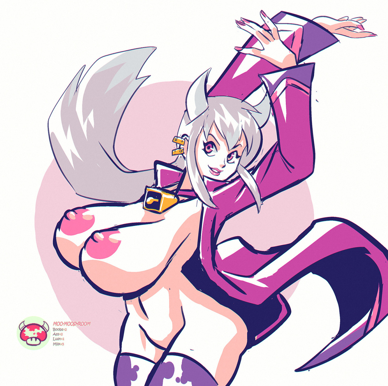 1girls, bell, ben 10, ben 10 (classic), breasts, charmcaster, charmcaster (classic), cow girl, cow horns, cow print, cowbell, female, horns, large breasts, lipstick, long breasts, nipples, plump breasts, supersatanson, tagme