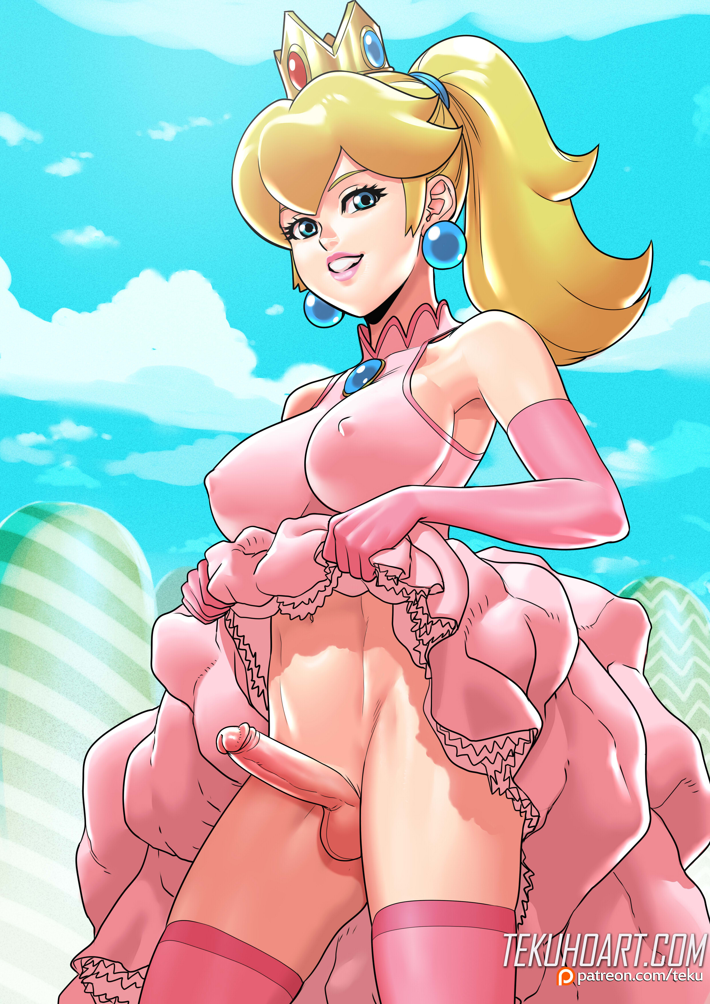 1futa, balls, blonde hair, blue eyes, breasts, clothing, crown, dress, dress lift, earrings, elbow gloves, erect nipples, erection, full-package futa, futa only, futanari, gloves, hourglass figure, intersex, large breasts, lifted by self, lipstick, looking at viewer, mario (series), nintendo, nipple bulge, nipples, no panties, outdoors, penis, penis under dress, pink dress, pink gloves, ponytail, princess peach, sleeveless, sleeveless dress, smile, solo, standing, super mario bros., tekuho, testicles, thighhighs, tied hair, tight clothing