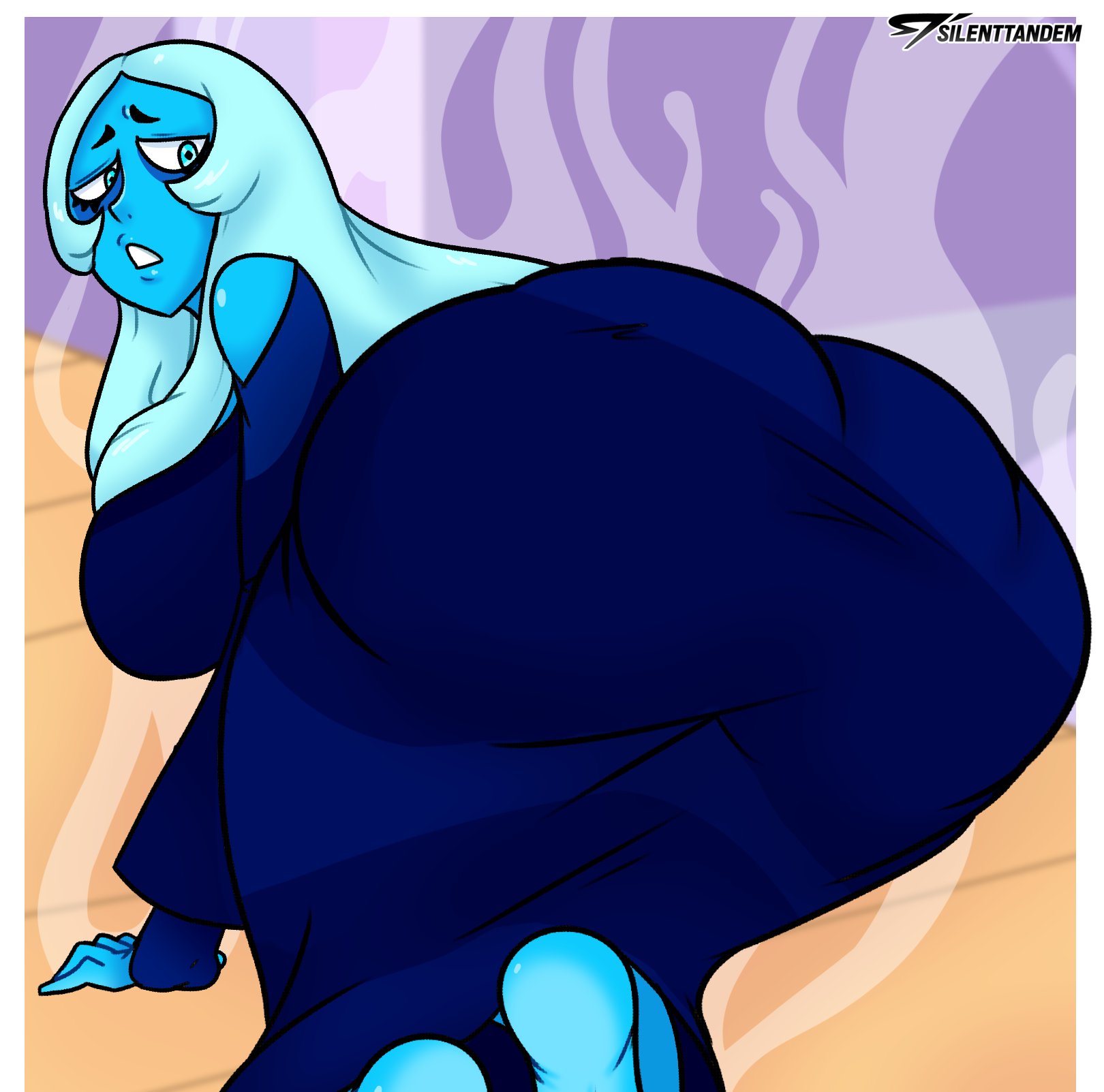 1girls, 2d, 2d (artwork), alien, ass, big ass, big breasts, big butt, blue body, blue diamond (steven universe), blue eyes, blue hair, blue skin, breasts, busty, cartoon network, curvy, diamond authority, dress, eyelashes, fat ass, female, female only, front view, full body, fully clothed, gem (species), huge ass, large breasts, laying on floor, long hair, looking at viewer, looking back, off shoulder, steven universe, tagme, very long hair