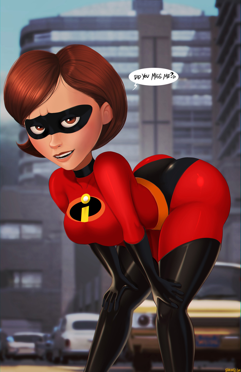 armwear, ass, bent over, big ass, big breasts, bodysuit, breasts, bubble ass, bubble butt, cleavage, clothing, disney, elastigirl, eyewear, female, female only, footwear, handwear, helen parr, human, inviting, legwear, looking at viewer, mask, pixar, shadman, smooth skin, solo, speech bubble, text, the incredibles, tight clothing