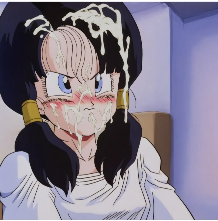 argen123, black hair, blue eyes, bukkake, cheating, color, cum on face, cumshot, dragon ball z, embarrassed, facial, long hair, son goten, teenage girl, videl, videl (dragon ball z), videl (long hair), videl (majin buu saga)