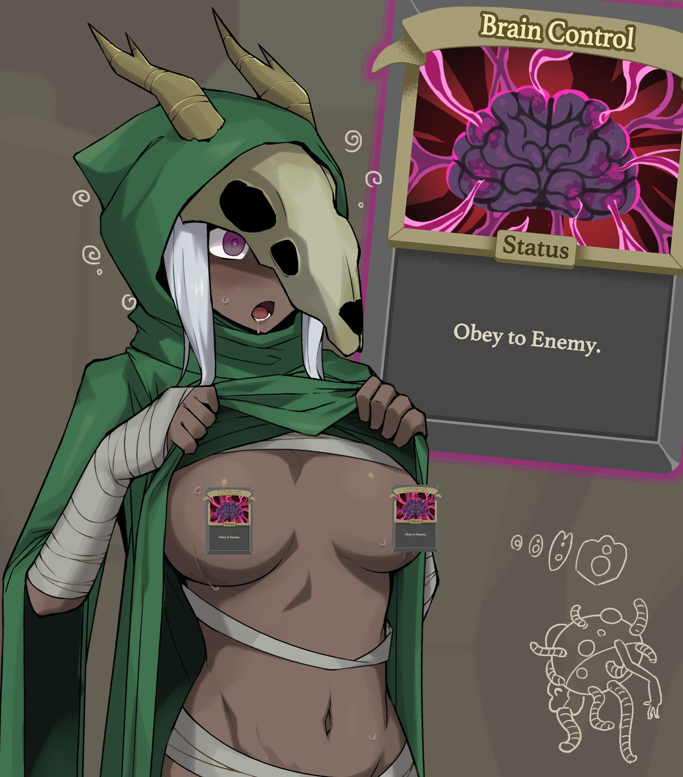 1girls, 4beruku, bandage, bandages, brainwashed, brainwashing, censored, censored nipples, dark skin, dark skinned female, dead eyes, drooling, gameplay mechanics, hypnosis, lifting clothing, mind control, revealing breasts, silent (slay the spire), skull mask, slay the spire, slay the spire 2, sweat, sweatdrop, tentacle, the silent (slay the spire), white hair